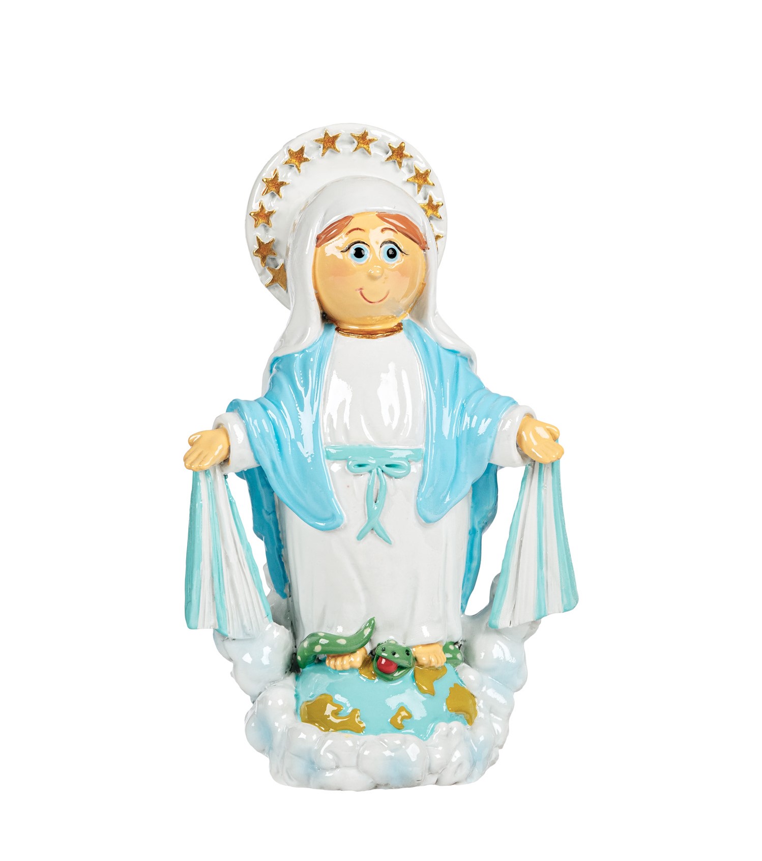 Estátua de Nossa Senhora em cerâmica com manto azul e branco