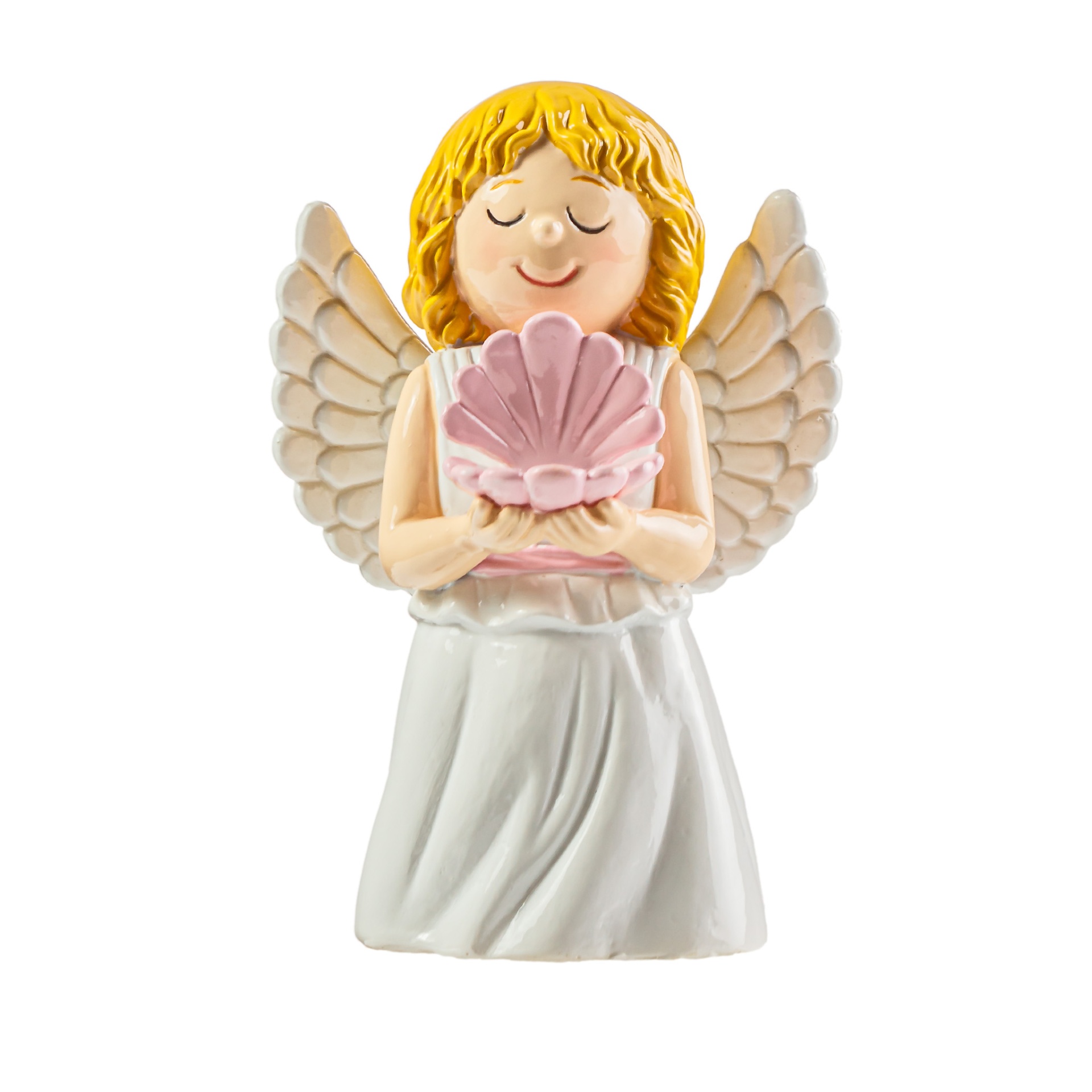 Estatueta de anjo com vestido branco e concha cor de rosa