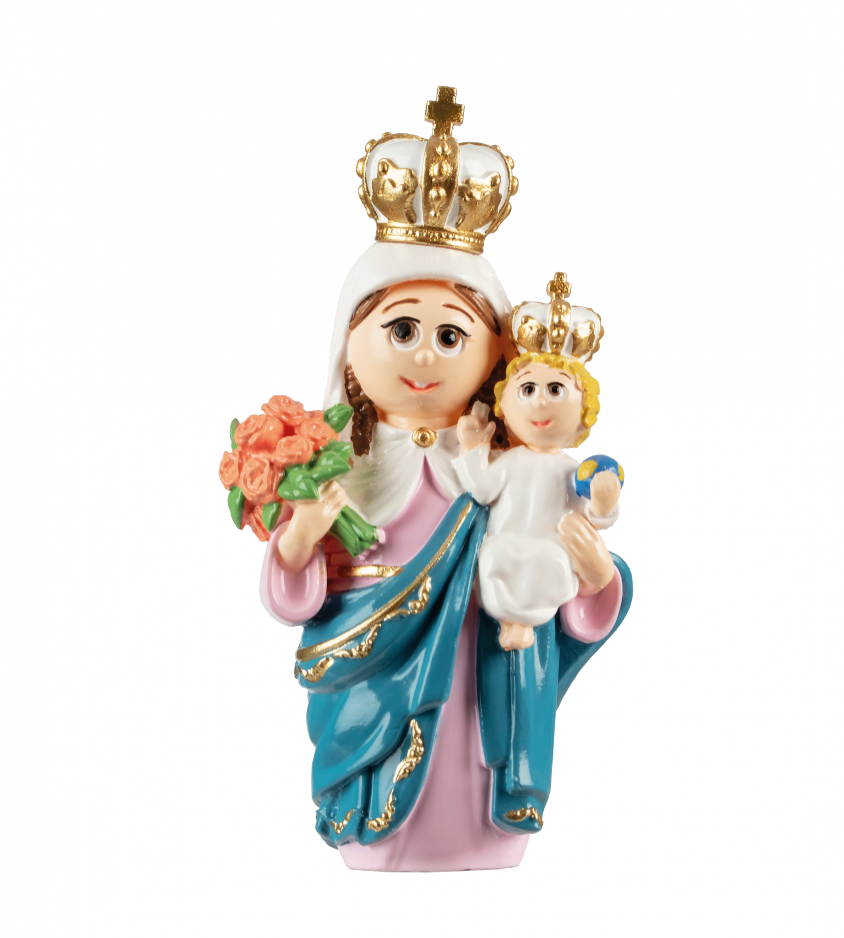 Estatua cerâmica de Nossa Senhora com Menino Jesus com coroas douradas e flores