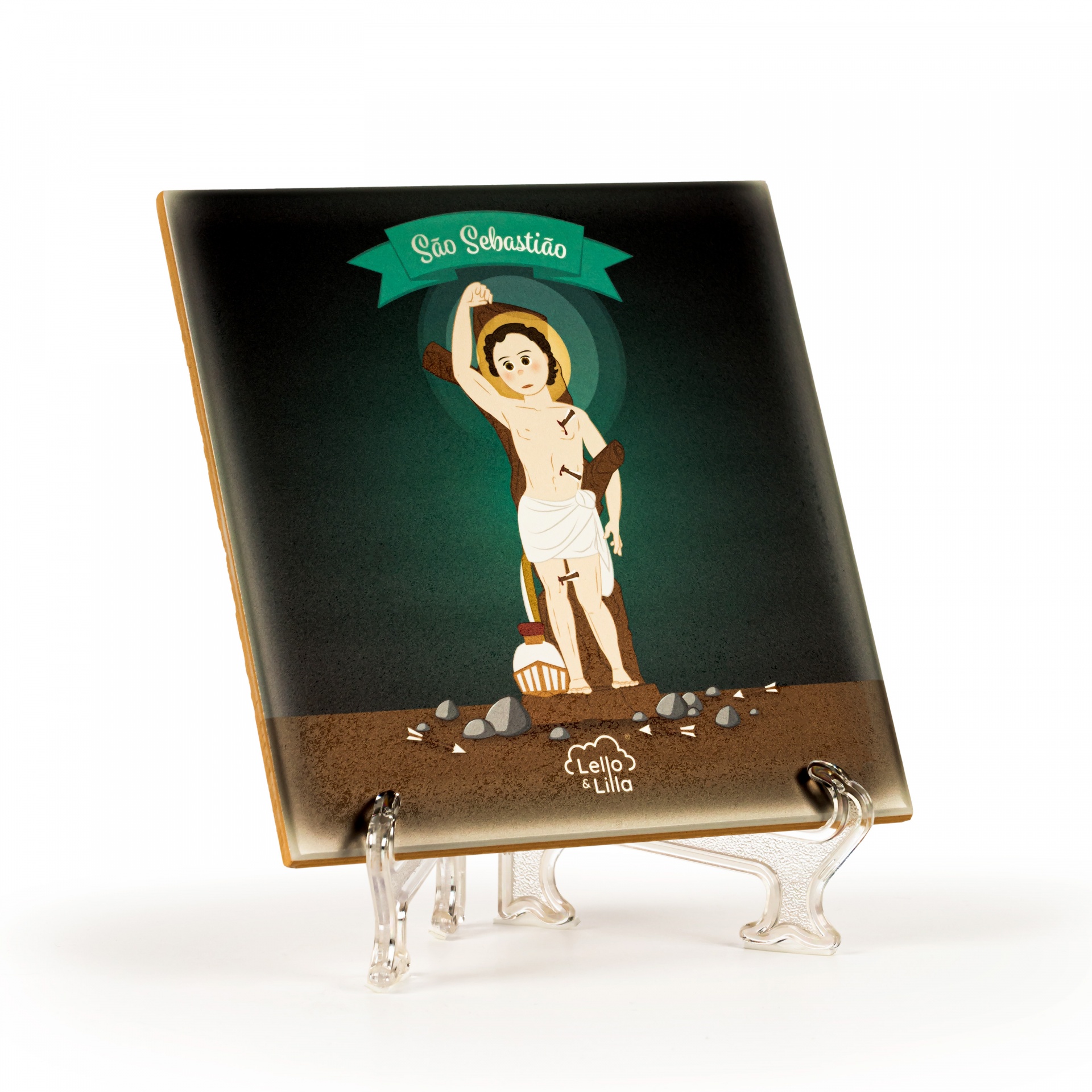Azulejo decorativo com imagem de São Sebastião em verde, castanho e branco