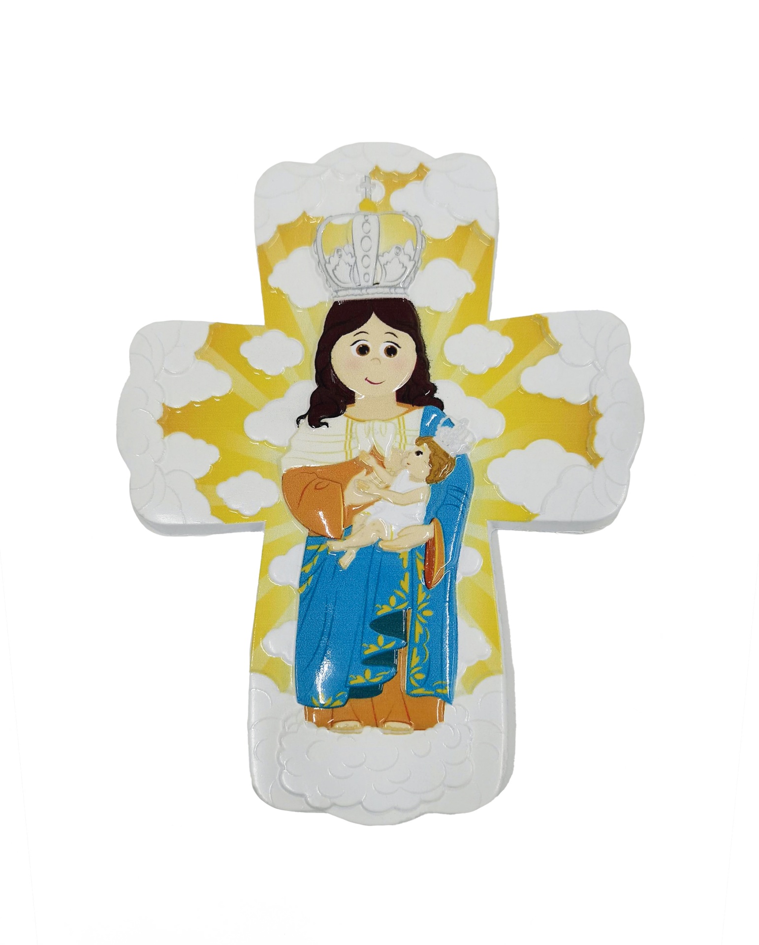 Cruz decorativa com Nossa Senhora e criança em estilo desenhado, fundo com nuvens e raios amarelos