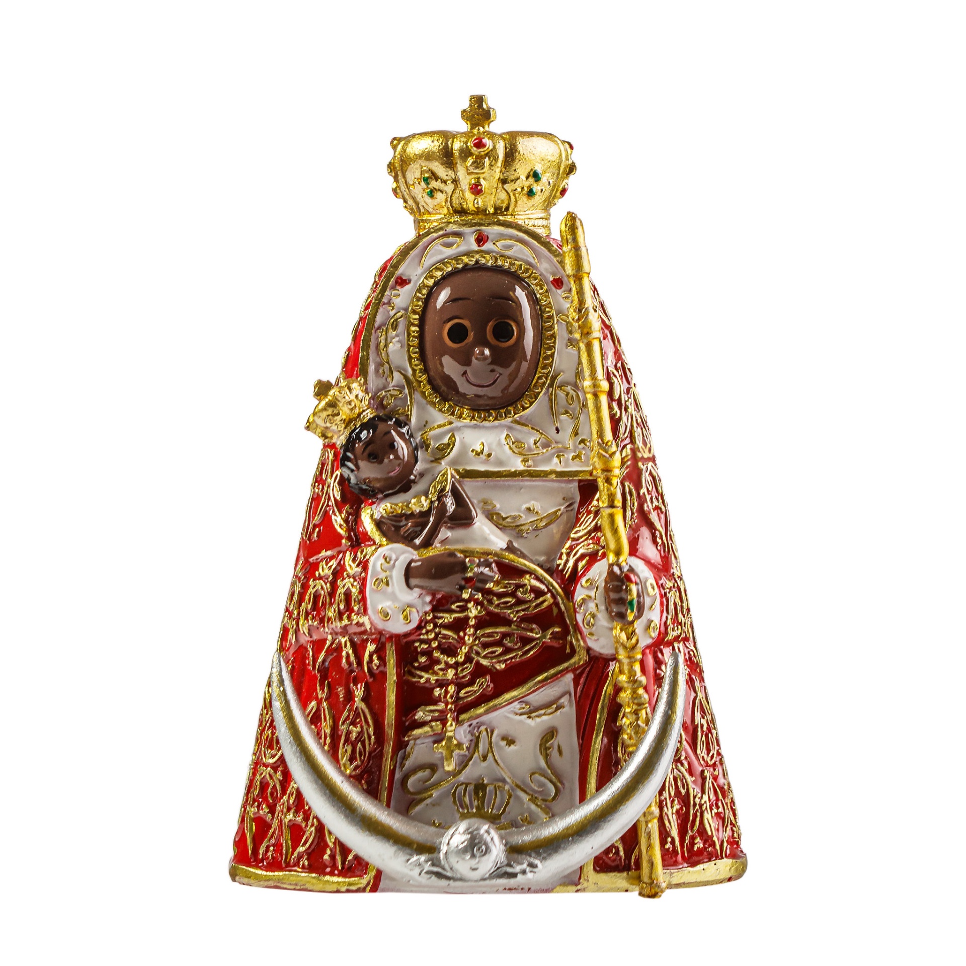 Ícone religioso com Virgem Maria coroada, capa vermelha e Menino Jesus vestido de branco e vermelho