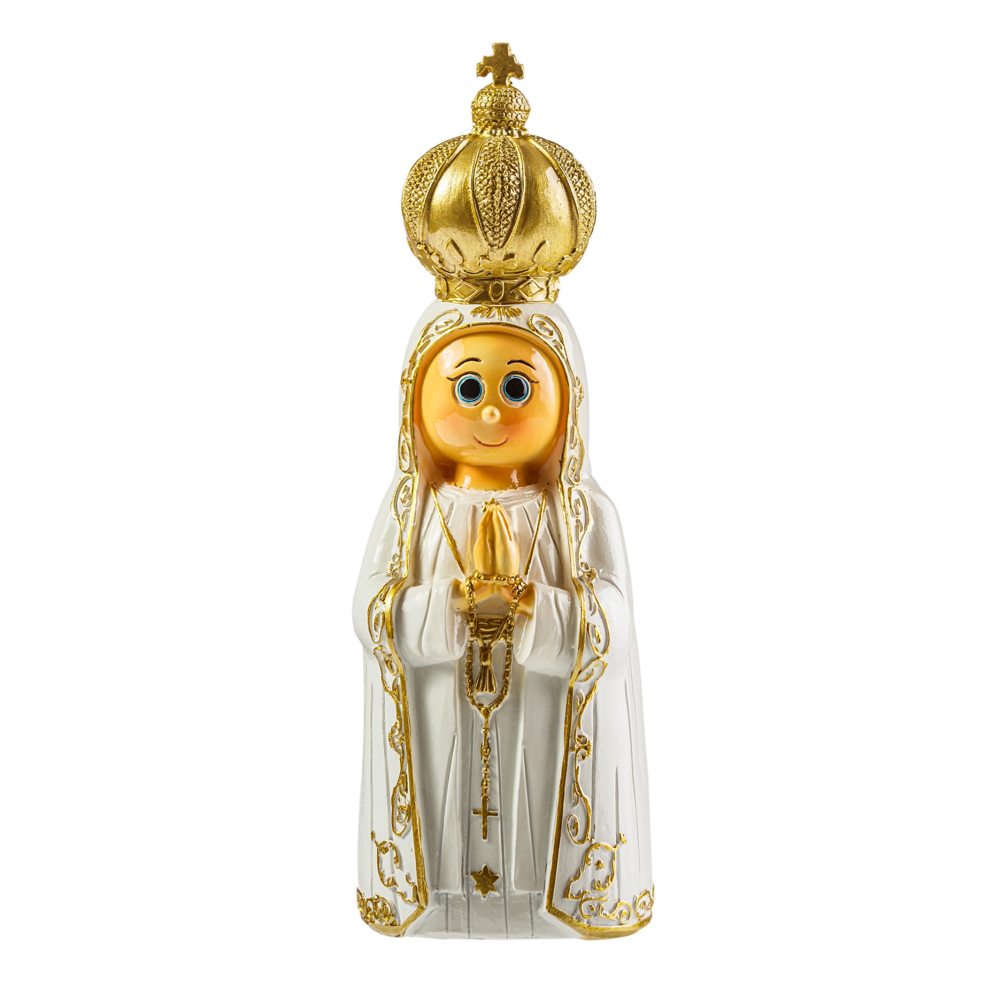 Estátua decorativa da Virgem Maria com coroa dourada e detalhes em dourado