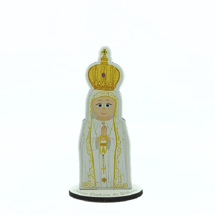 Estatueta Nossa Senhora de Fátima branca e dourada com coroa em base preta.