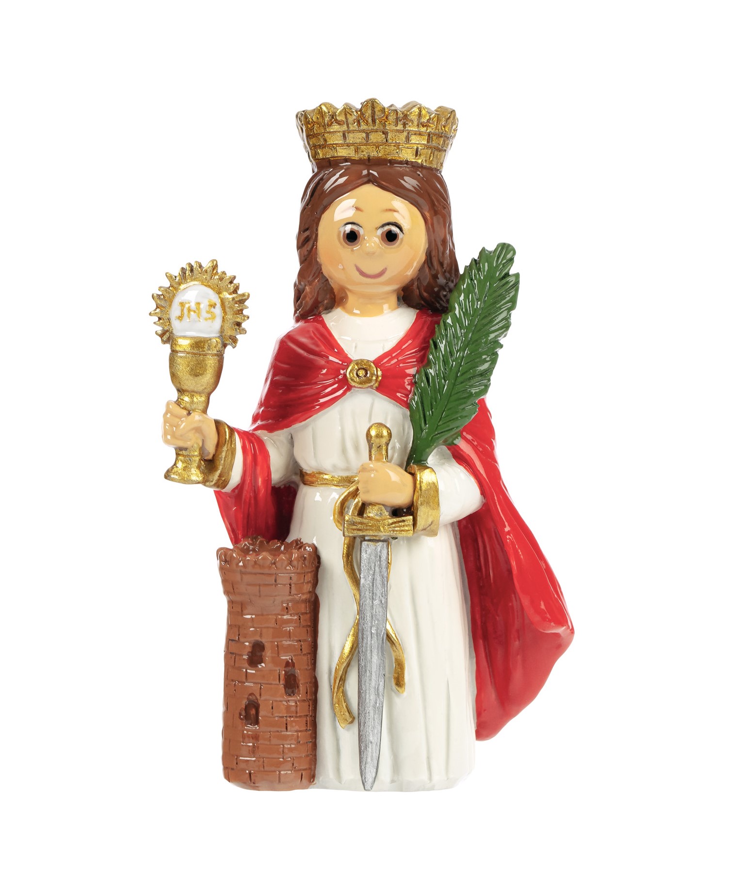 Figura decorativa feminina com capa vermelha e coroado dourado segurando objetos diversos