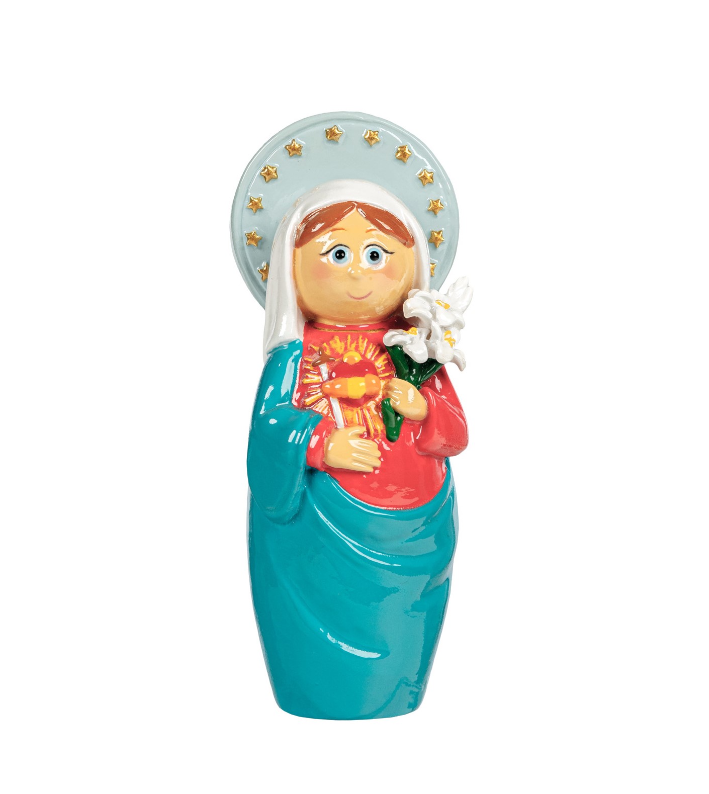 Estatueta cerâmica colorida de figura feminina com halo e lírio branco