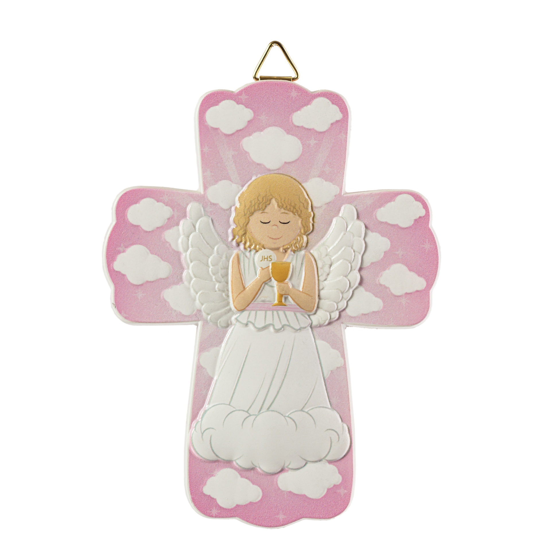 Cruz decorativa rosa com anjo e nuvens brancas em relevo