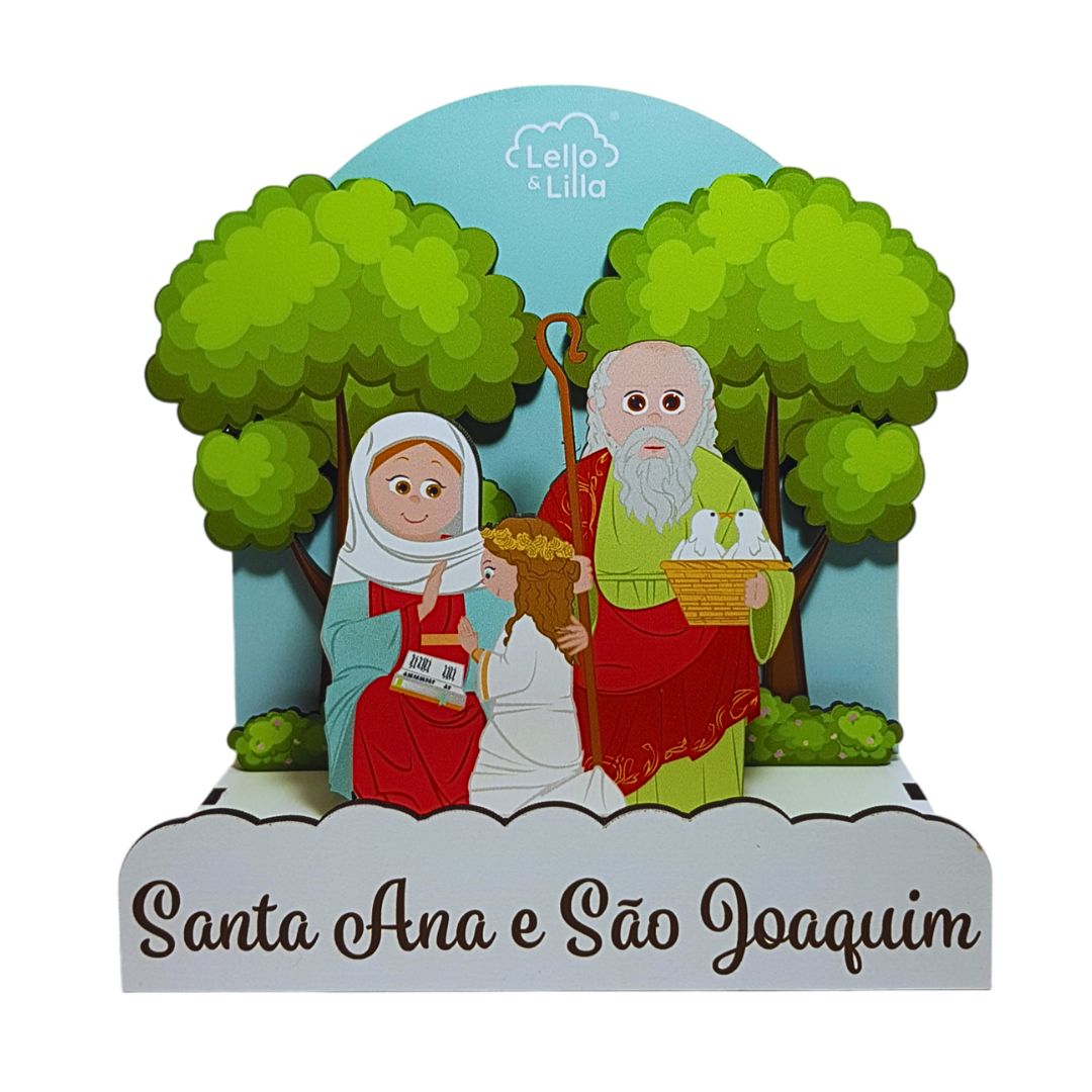 Figura decorativa de Santa Ana e São Joaquim com anjo e árvores ao fundo