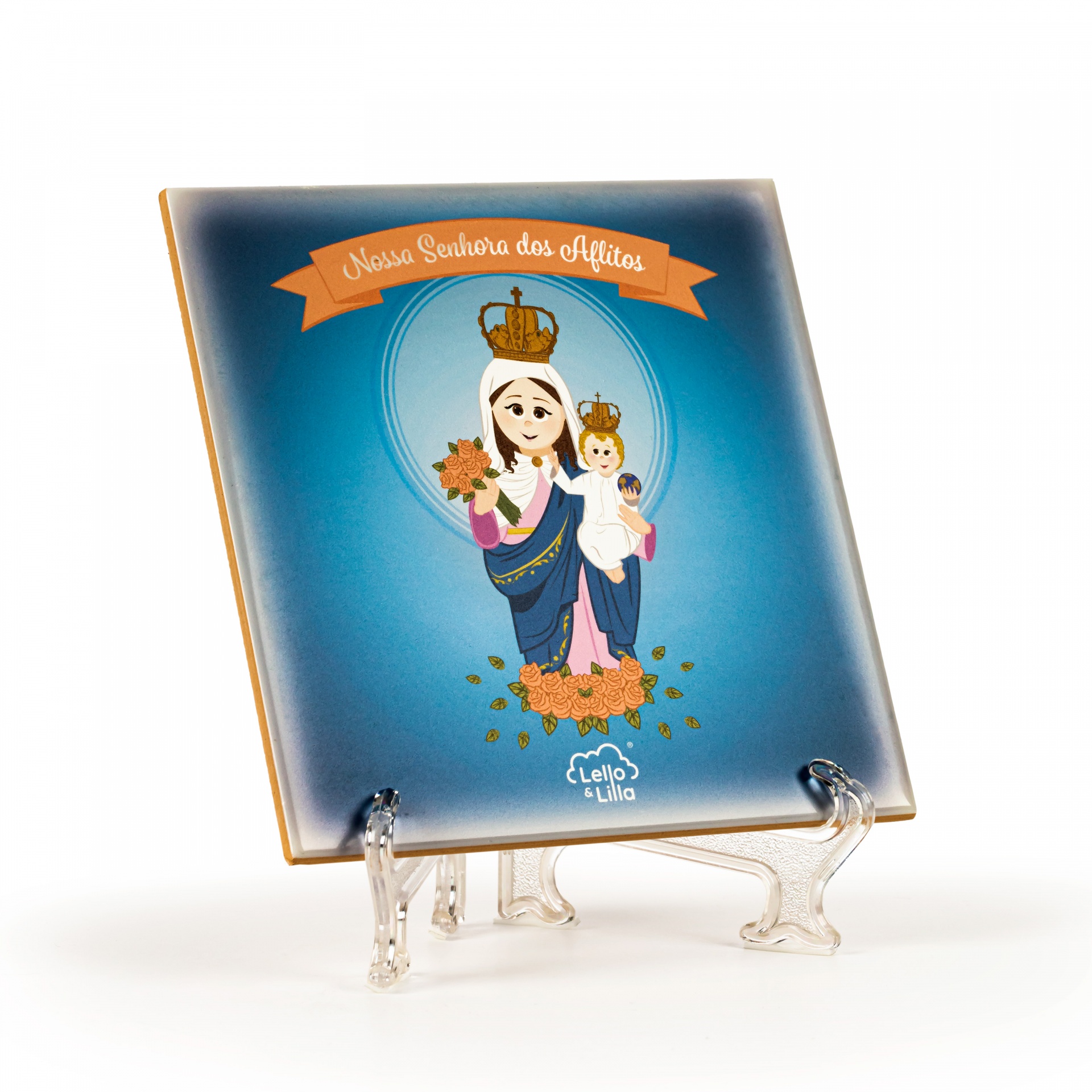 Azulejo quadrado com Nossa Senhora dos Aflitos, fundo azul e suporte transparente