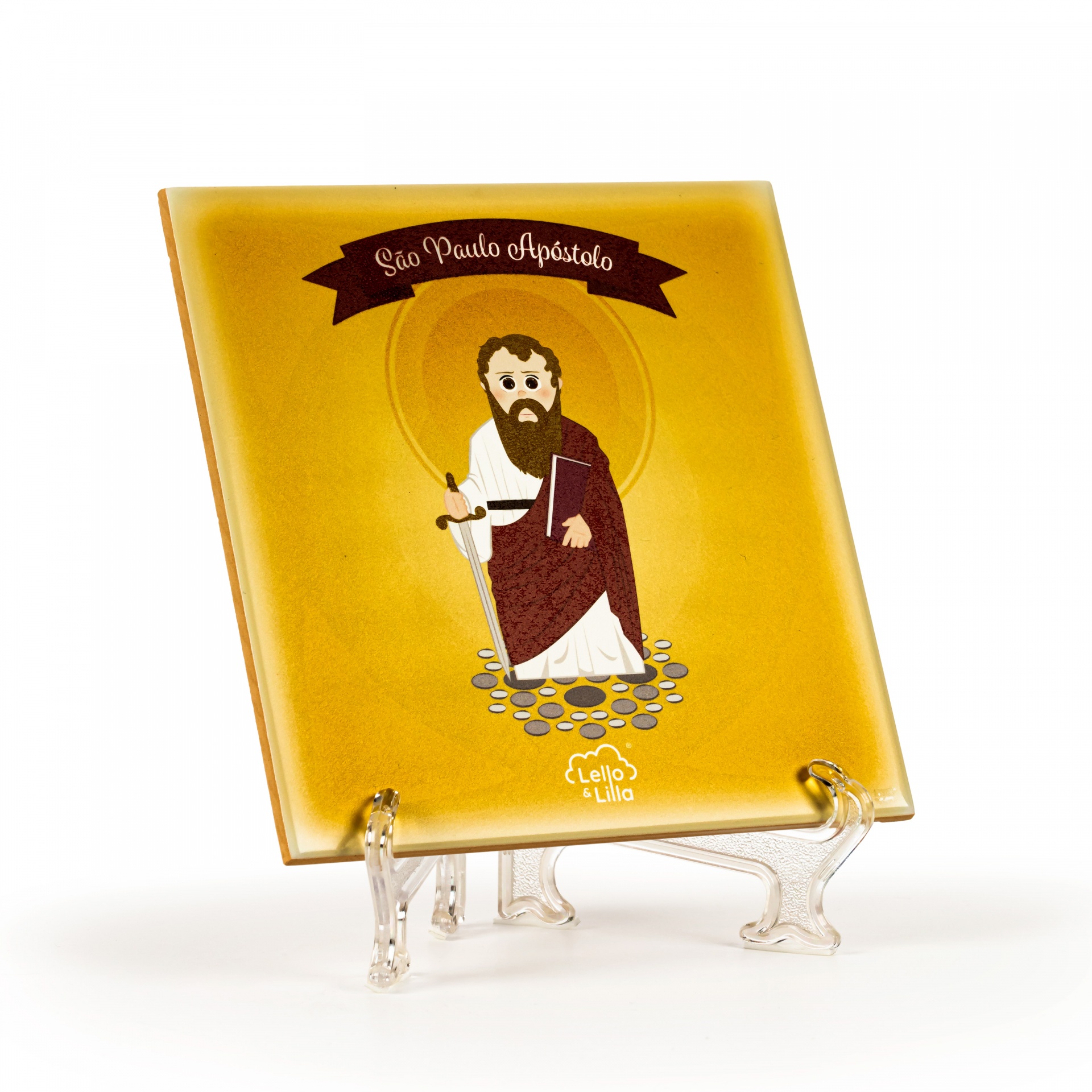 Prato decorativo amarelo em vidro com imagem de São Paulo Apóstolo e texto