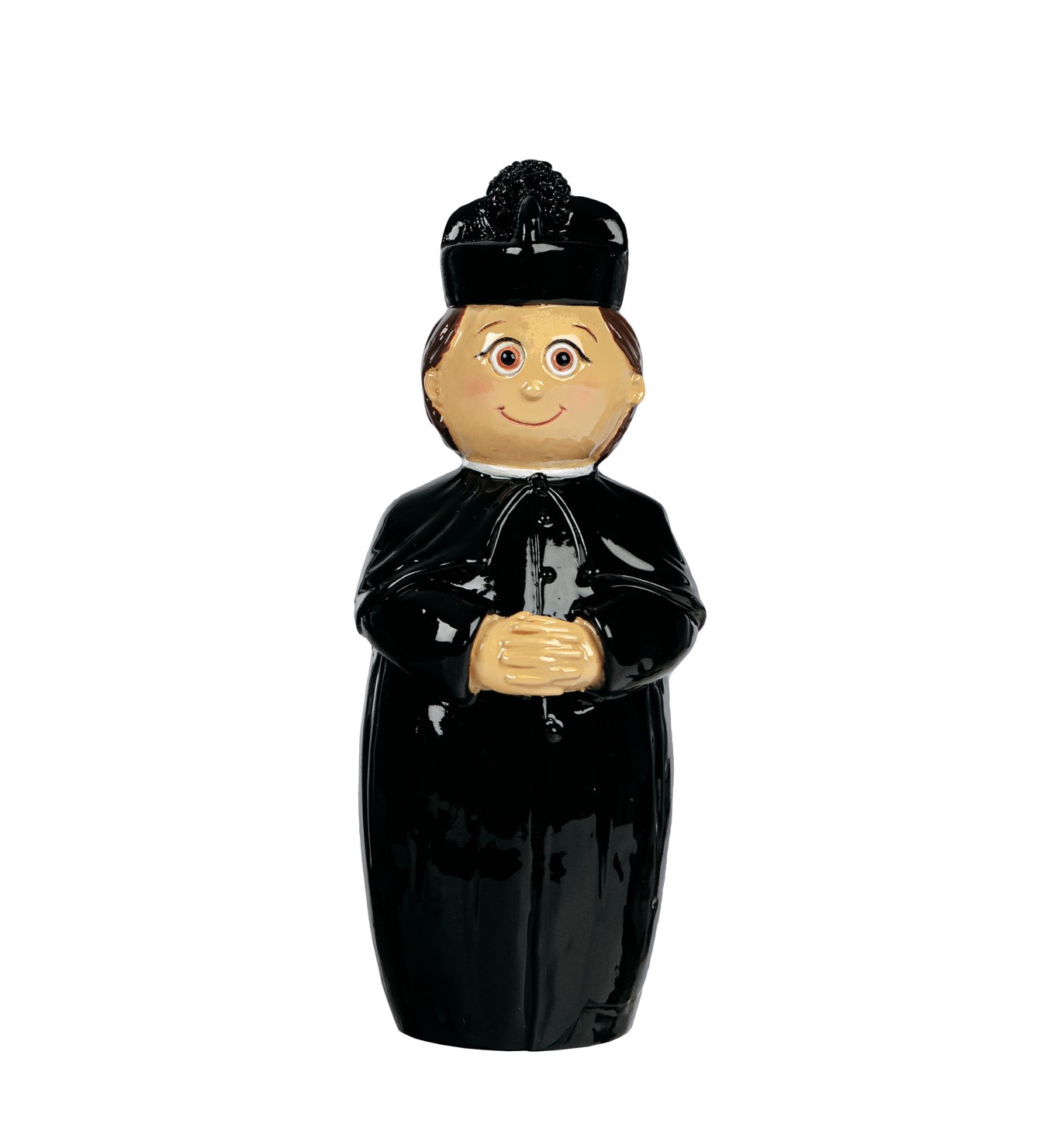 Figura decorativa em cerâmica de pessoa com traje formal preto e chapéu