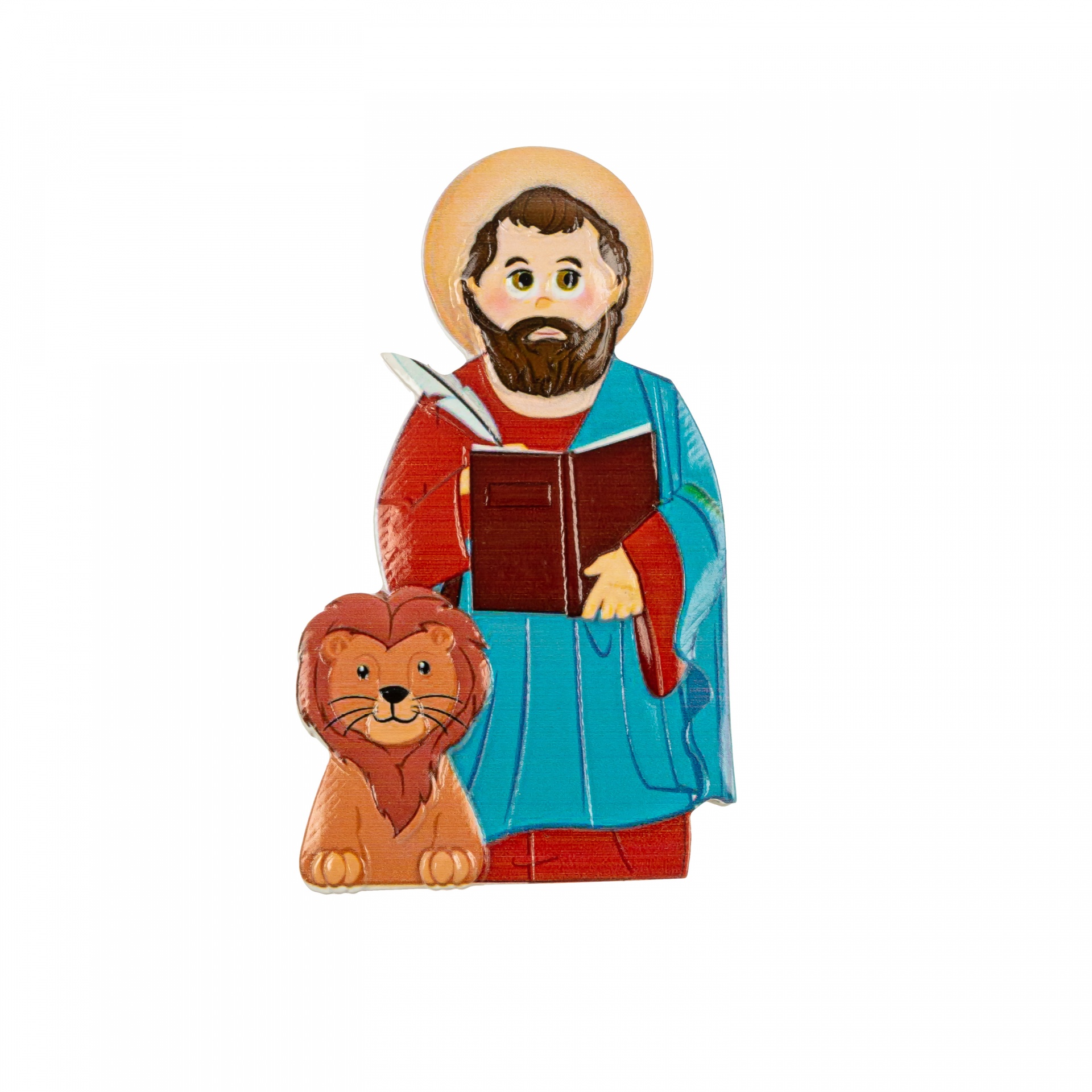 Figura decorativa de santo com leão em cores vivas