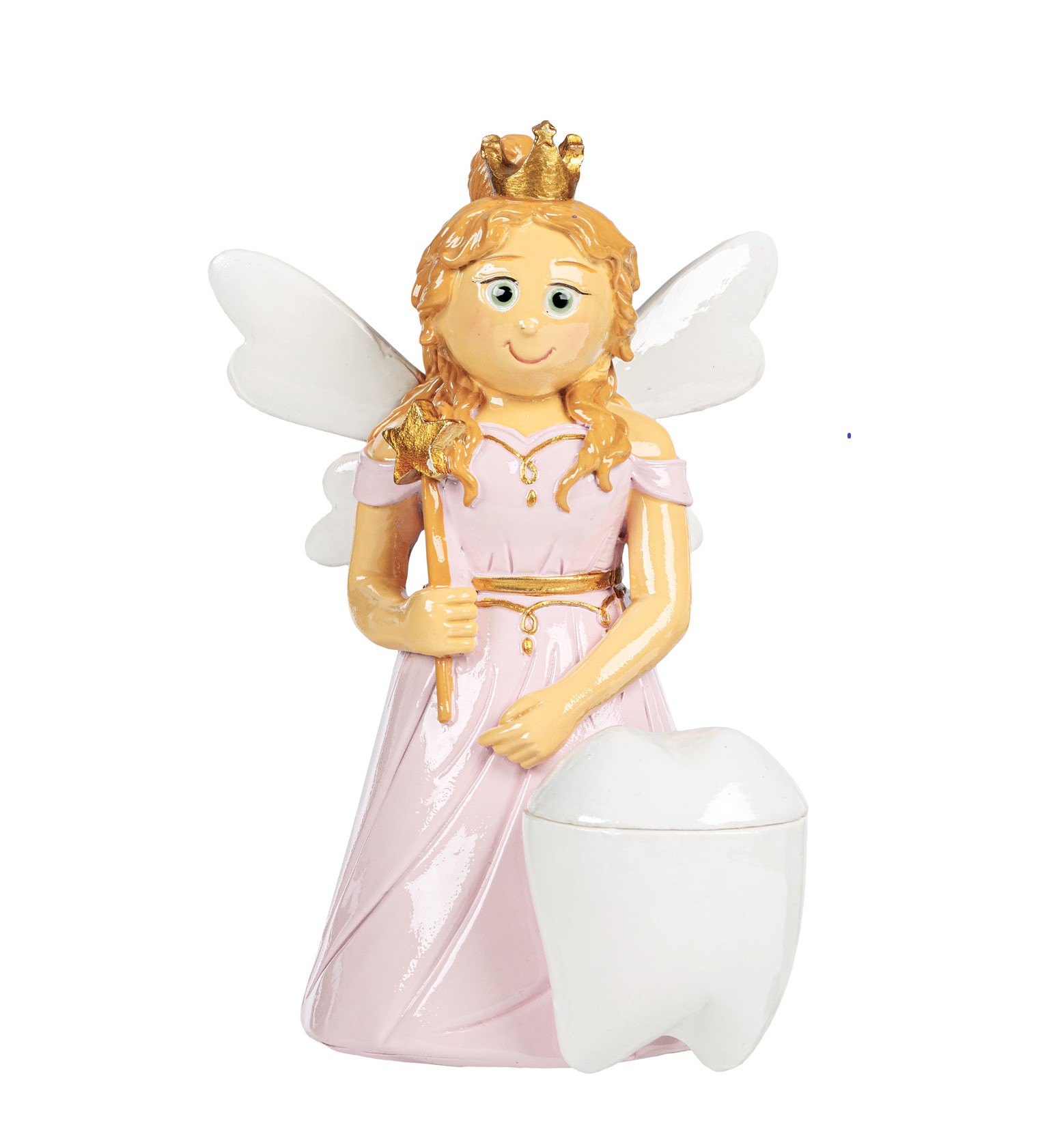 Figura decorativa de fada-dos-dentes com vestido rosa e coroa dourada