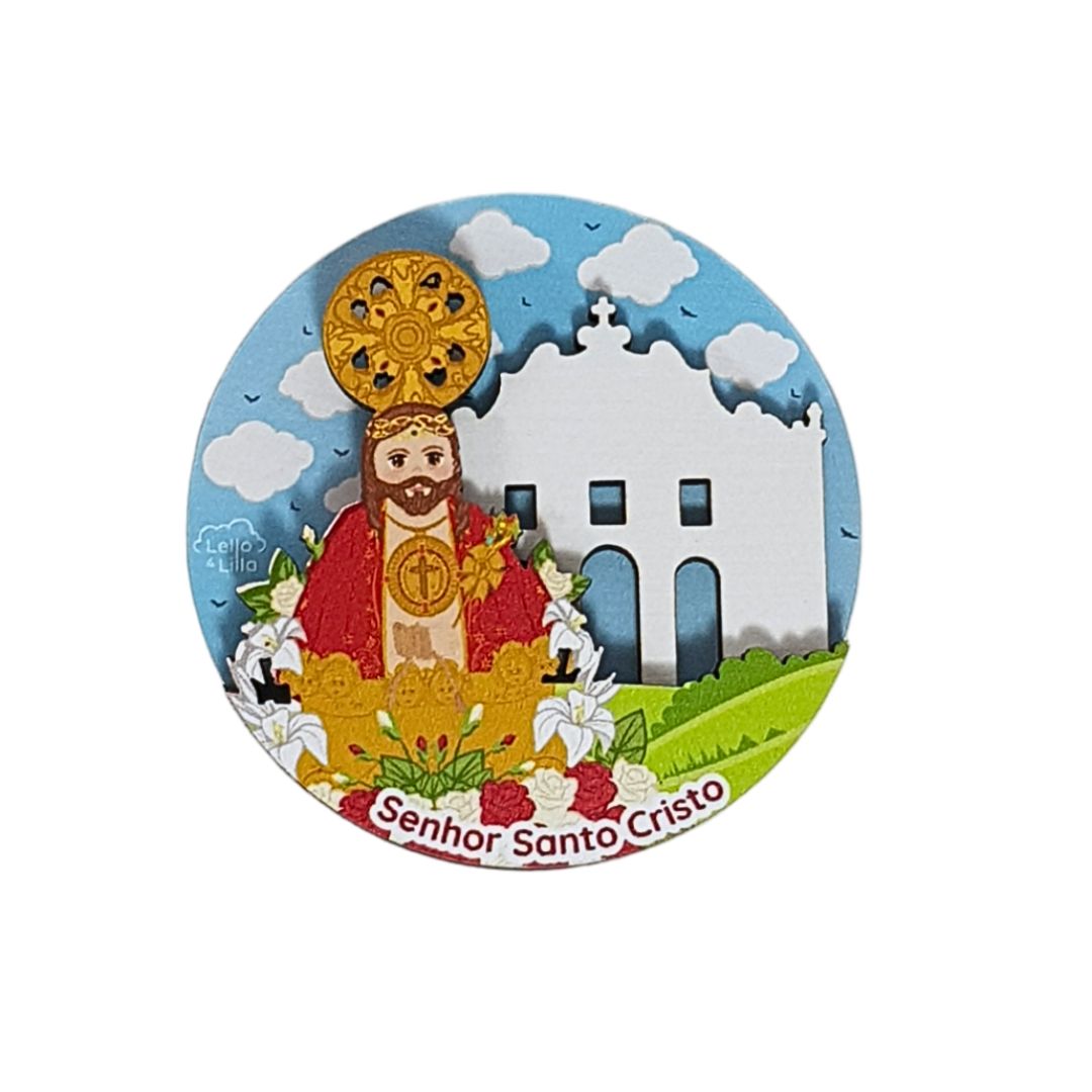 Imã circular com ilustração religiosa colorida Senhor Santo Cristo
