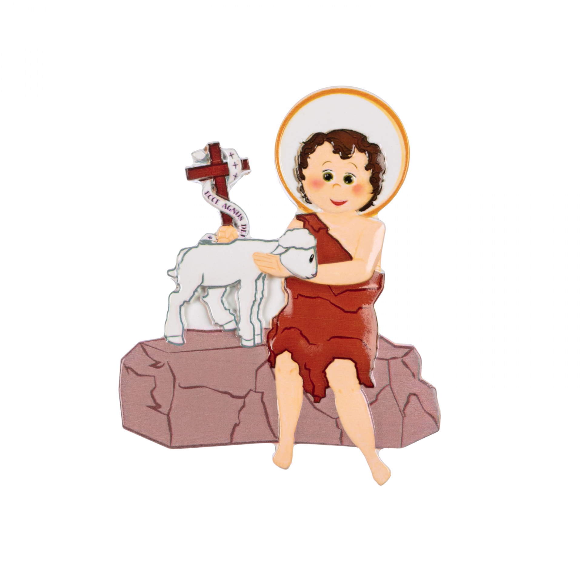 Figura decorativa infantil de criança com cordeiro, auréola e cruz em fundo branco