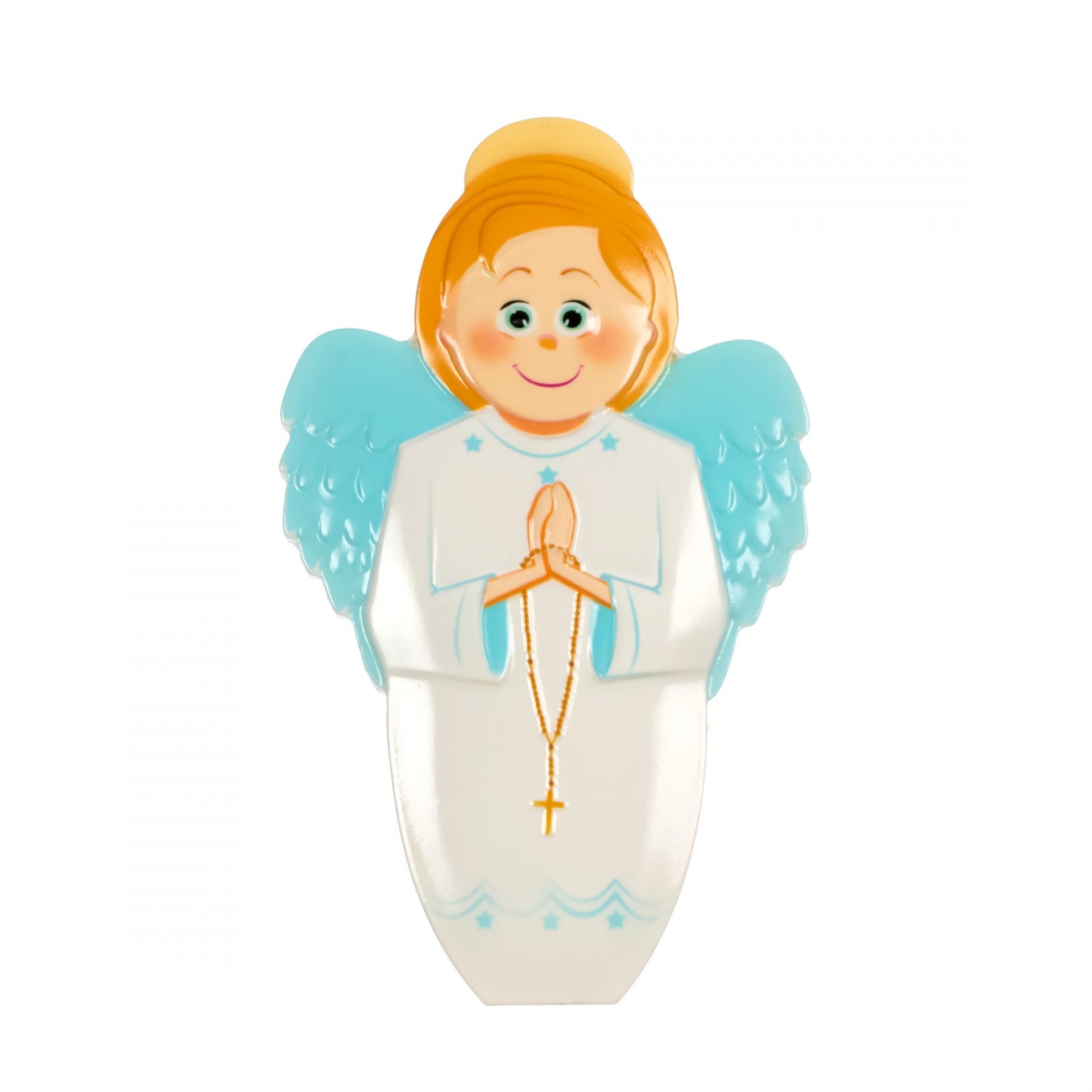 Boneca anjo decorativa com asas azuis e vestido branco