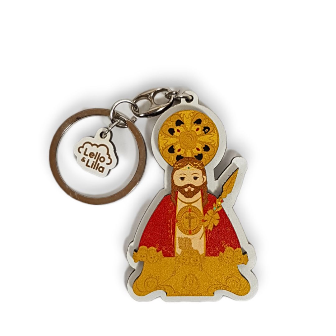 Porta-chaves em madeira com figura de santo e etiqueta Lello e Lilla