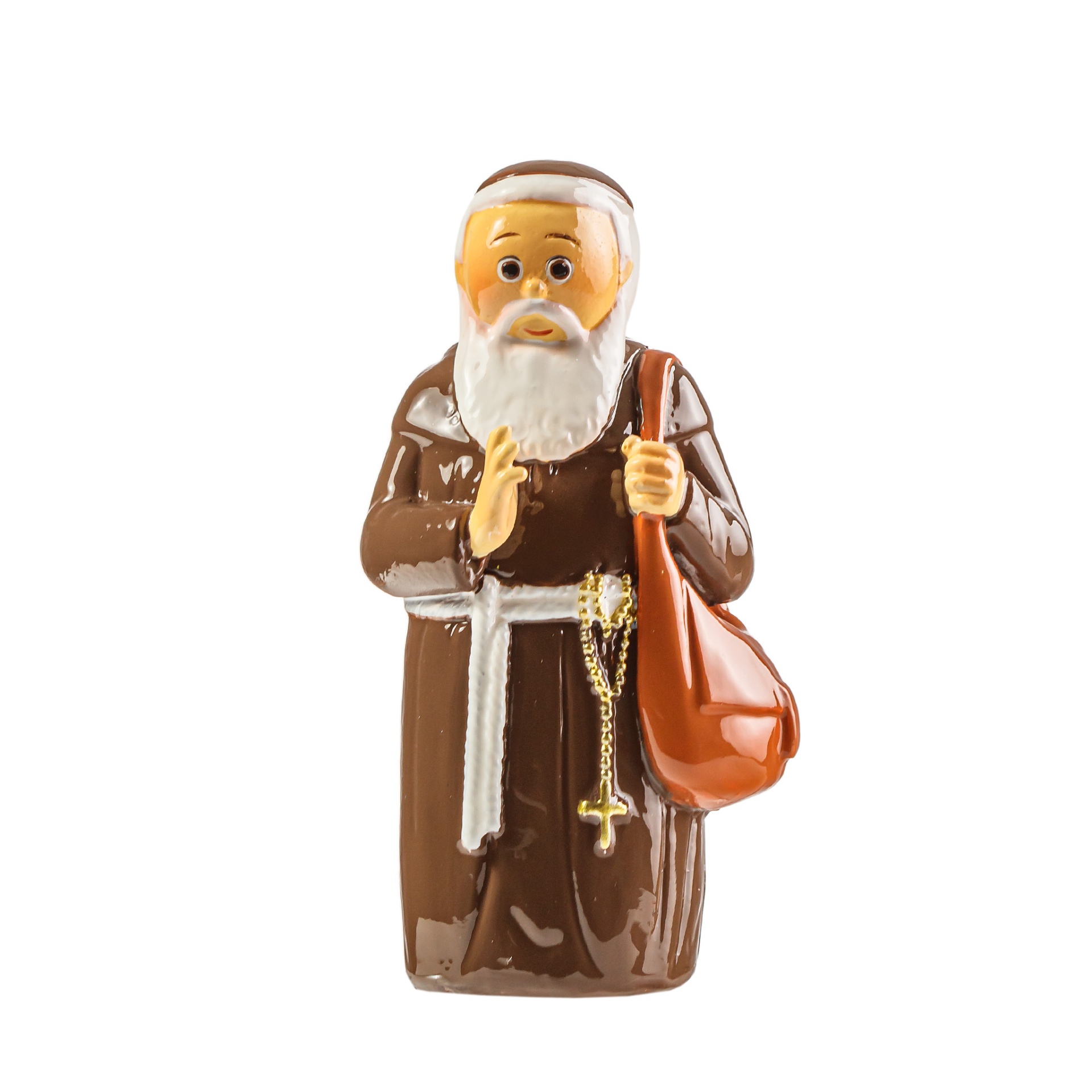 Figura de monge em plástico com túnica castanha e rosário dourado