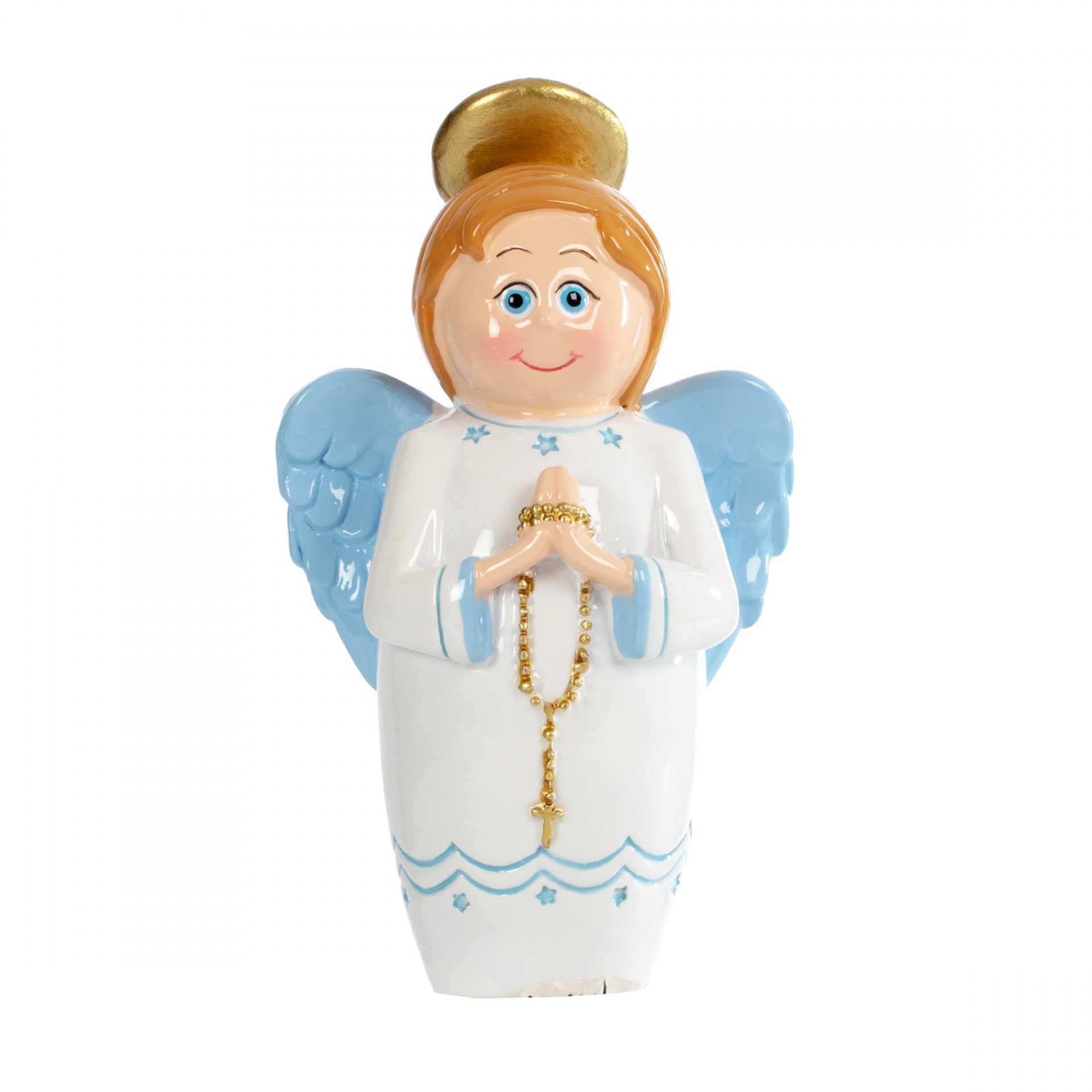 Estatueta de anjo decorativo em cerâmica com asas azuis e auréola dourada
