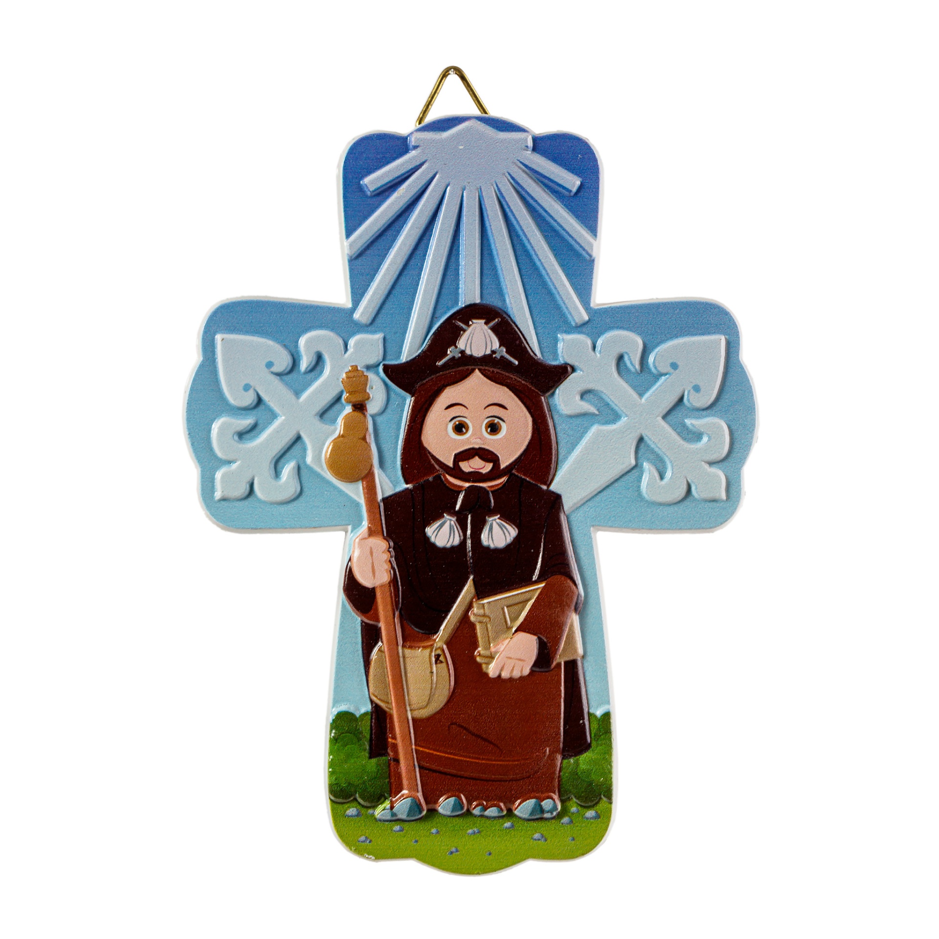 Cruz decorativa azul com santo segurando cajado e livro