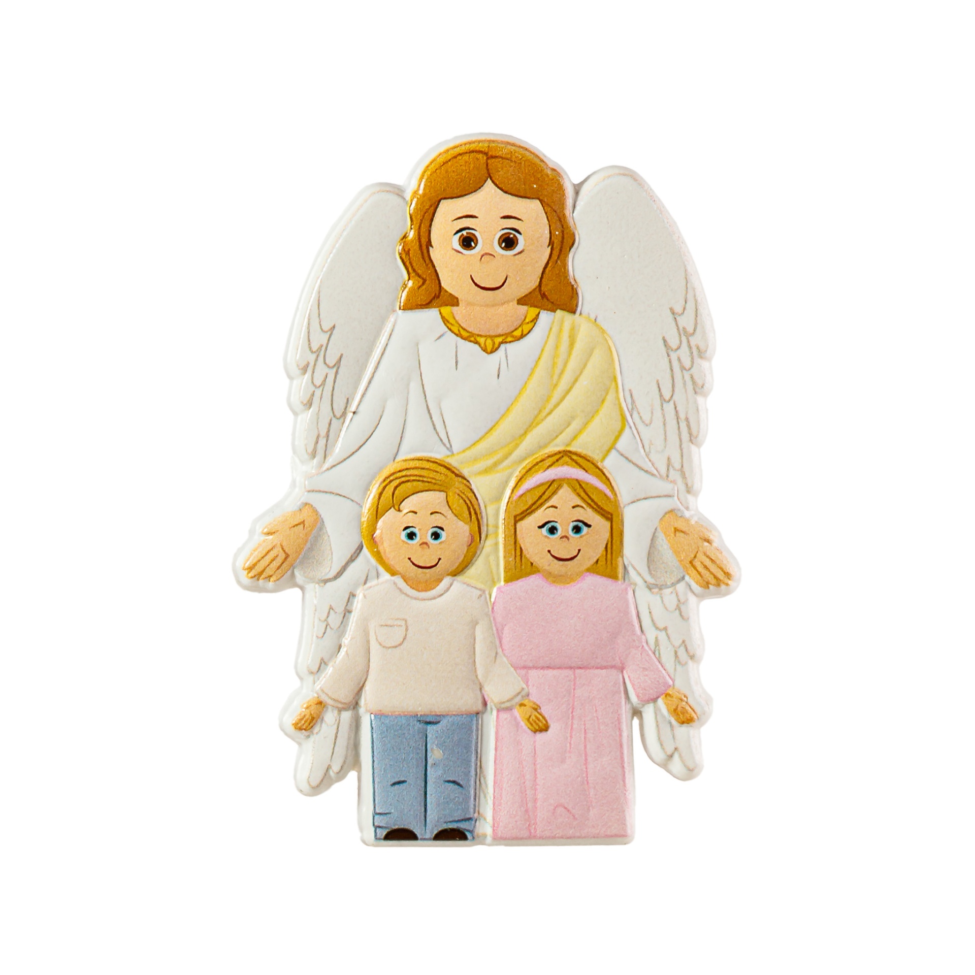 Figura decorativa de anjo com duas crianças, em estilo colorido e em relevo