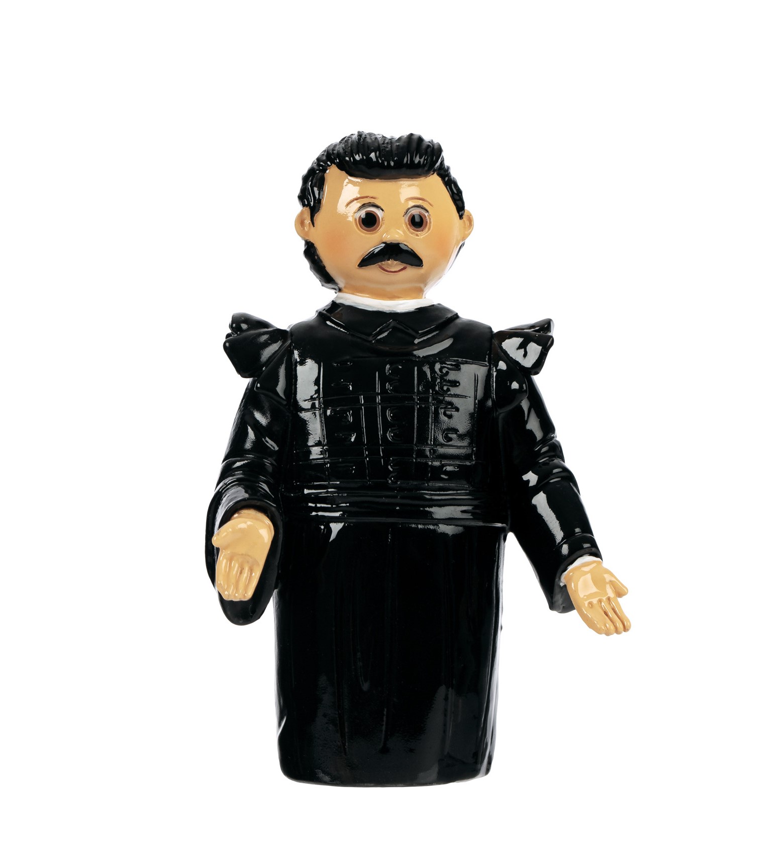 Boneco vintage de plástico com traje preto e bigode