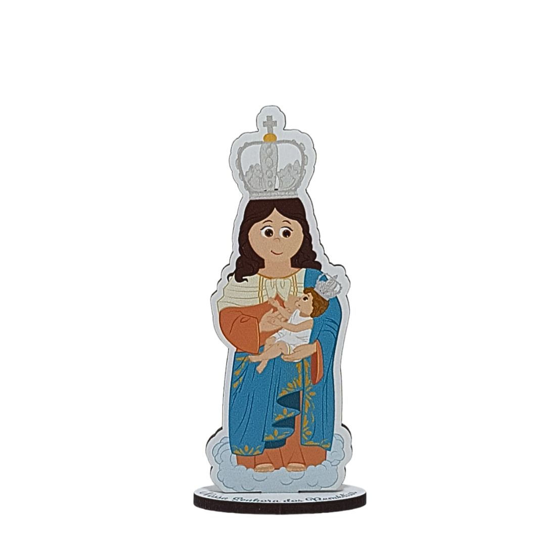 Estátua decorativa religiosa de madeira com coroa, vestes coloridas e criança