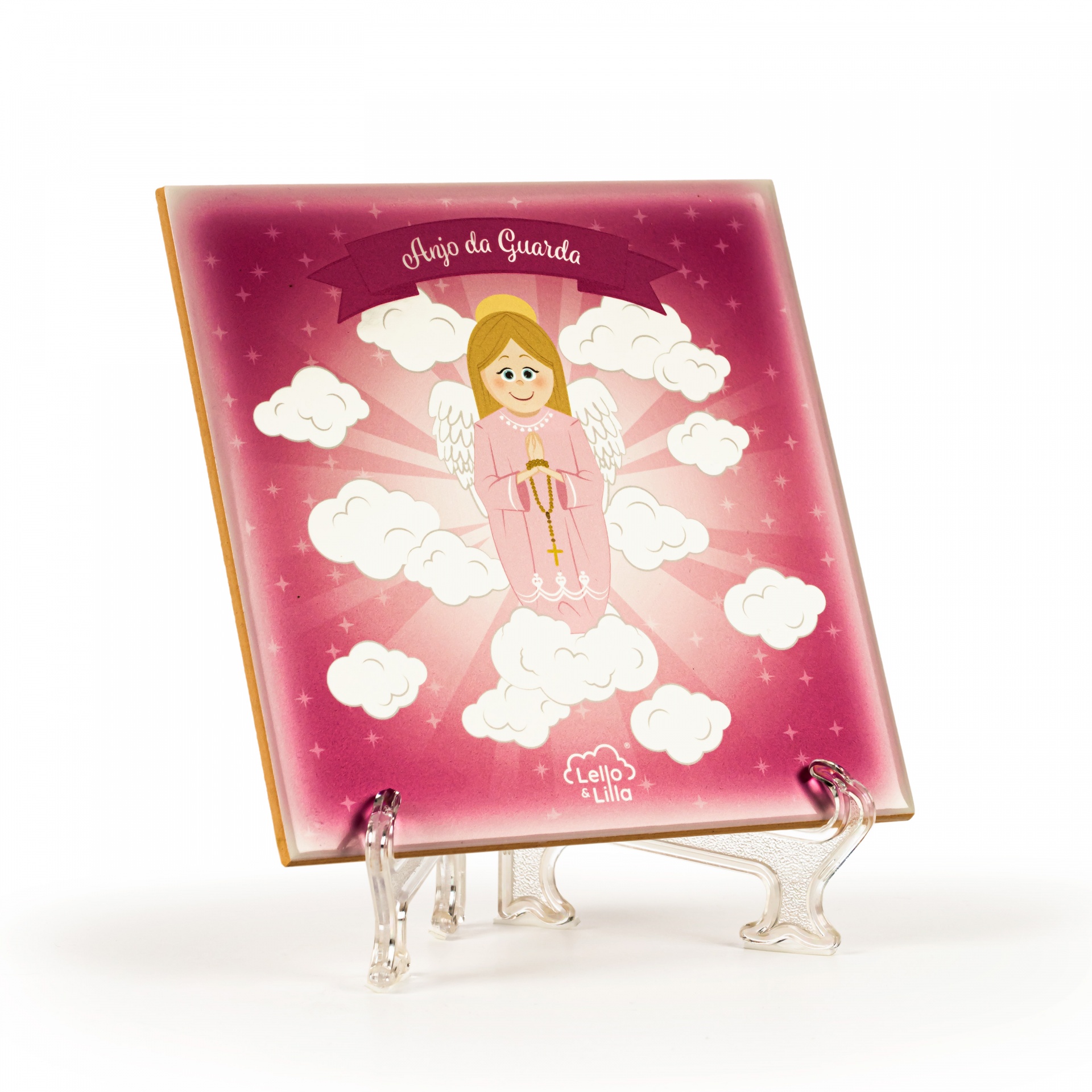 Azulejo decorativo com desenho de anjo da guarda em rosa e branco