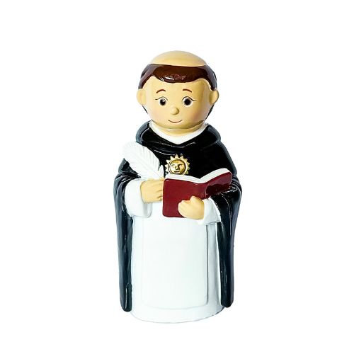 Figura decorativa de sacerdote com batina preta e túnica branca segurando livro e pena