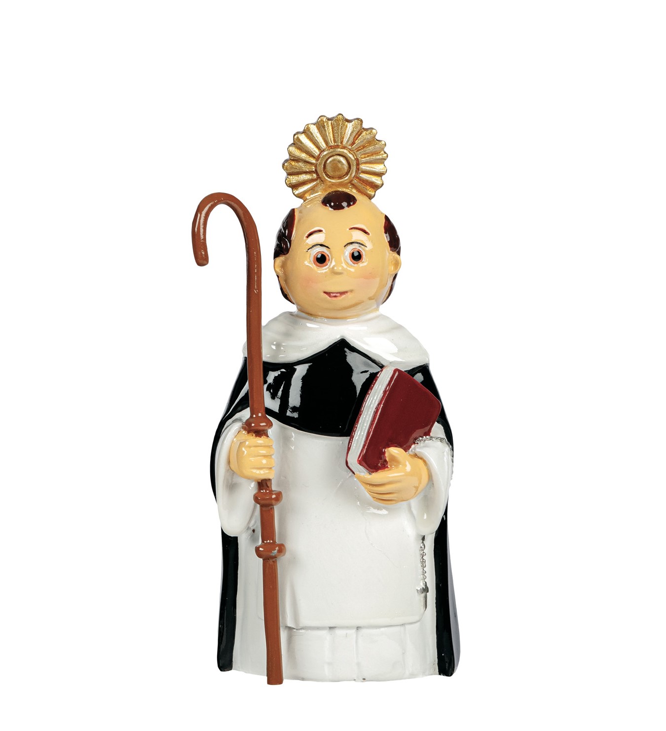 Estatueta de santo com hábito branco e capa preta segurando cajado e livro