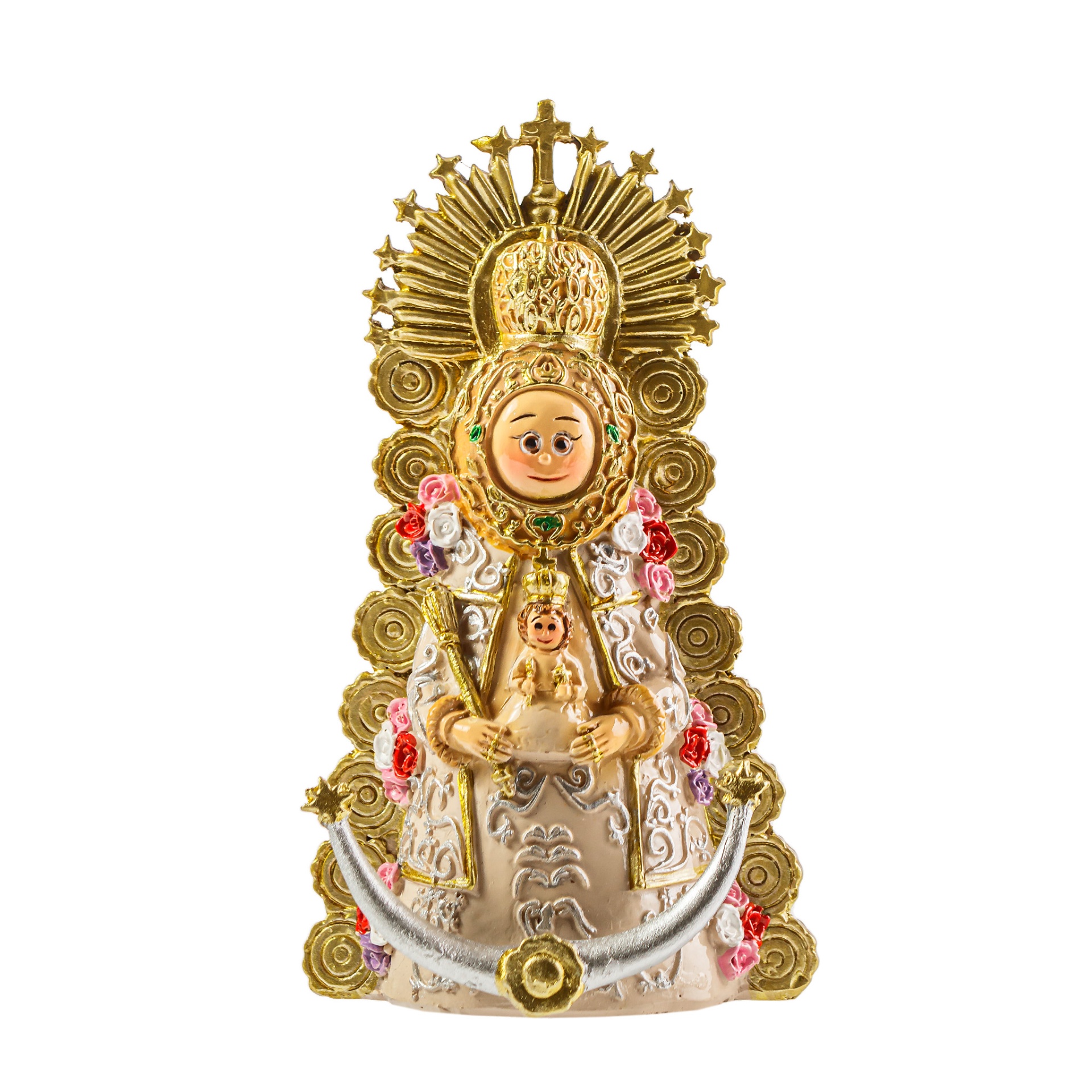 Estátua religiosa dourada e branca de Nossa Senhora com criança e coroas ornamentadas