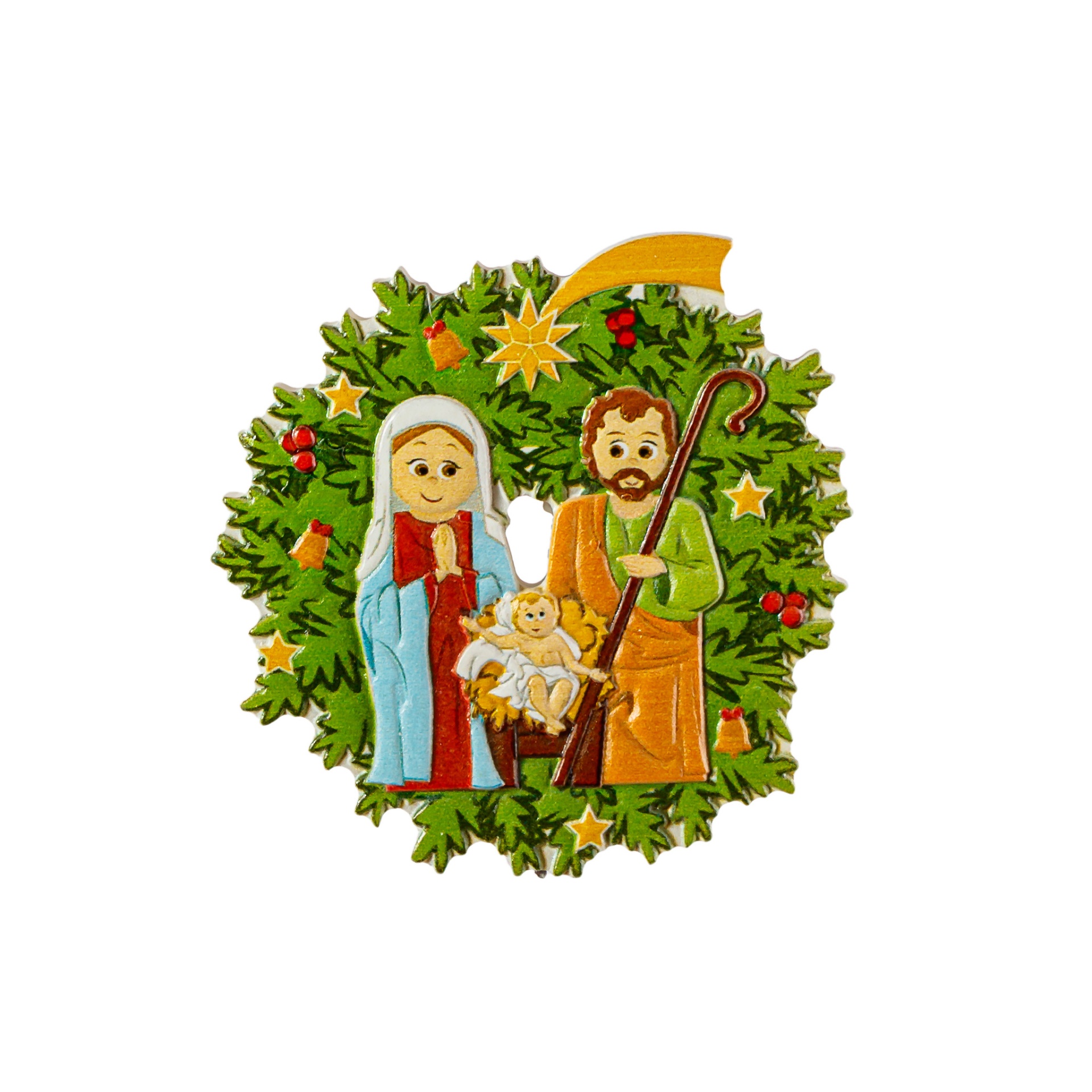 Adorno de presépio em madeira com Maria, José e Menino Jesus numa coroa verde decorada