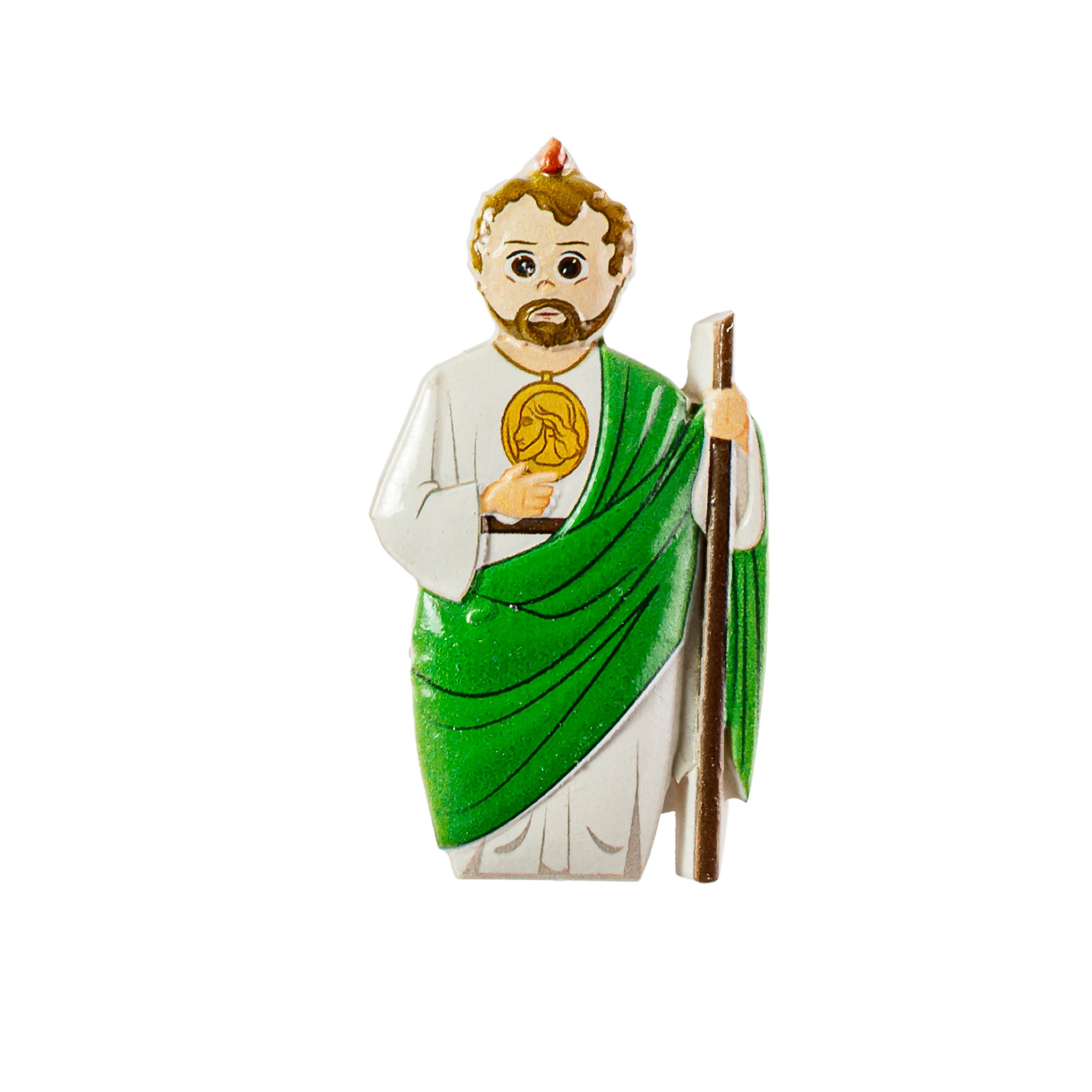 Estatueta de santo em túnica branca e manto verde segurando cajado e moeda dourada