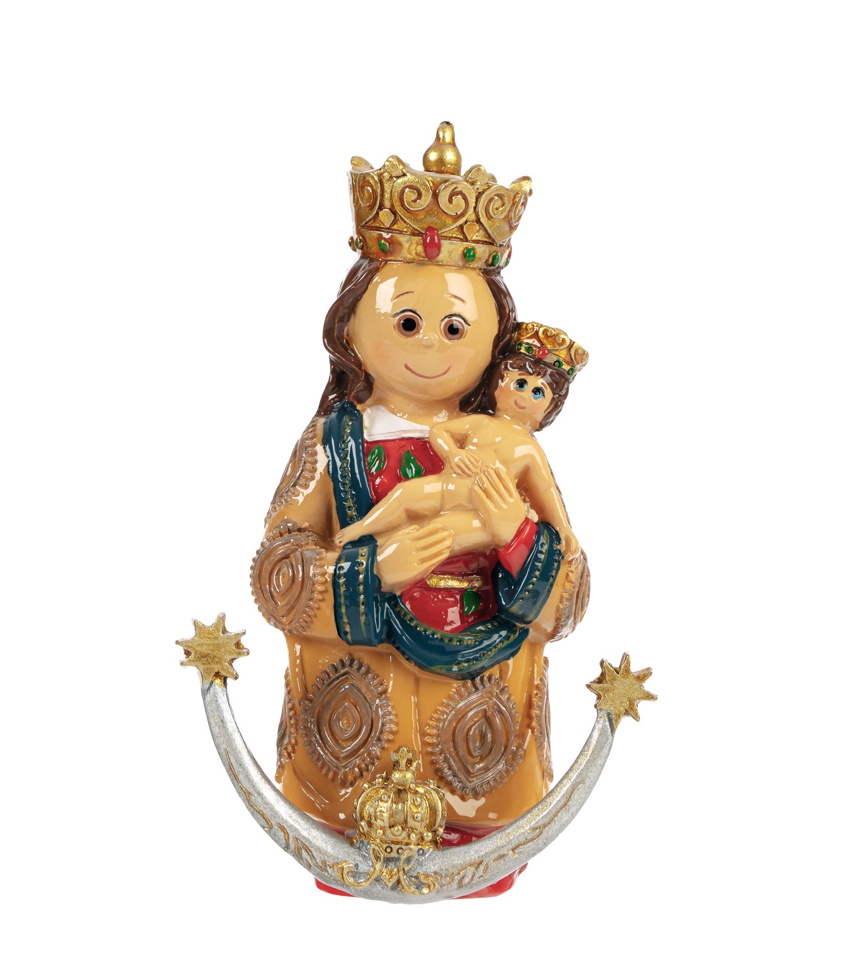 Estatueta colorida de Nossa Senhora do Monte com Menino Jesus e coroa dourada