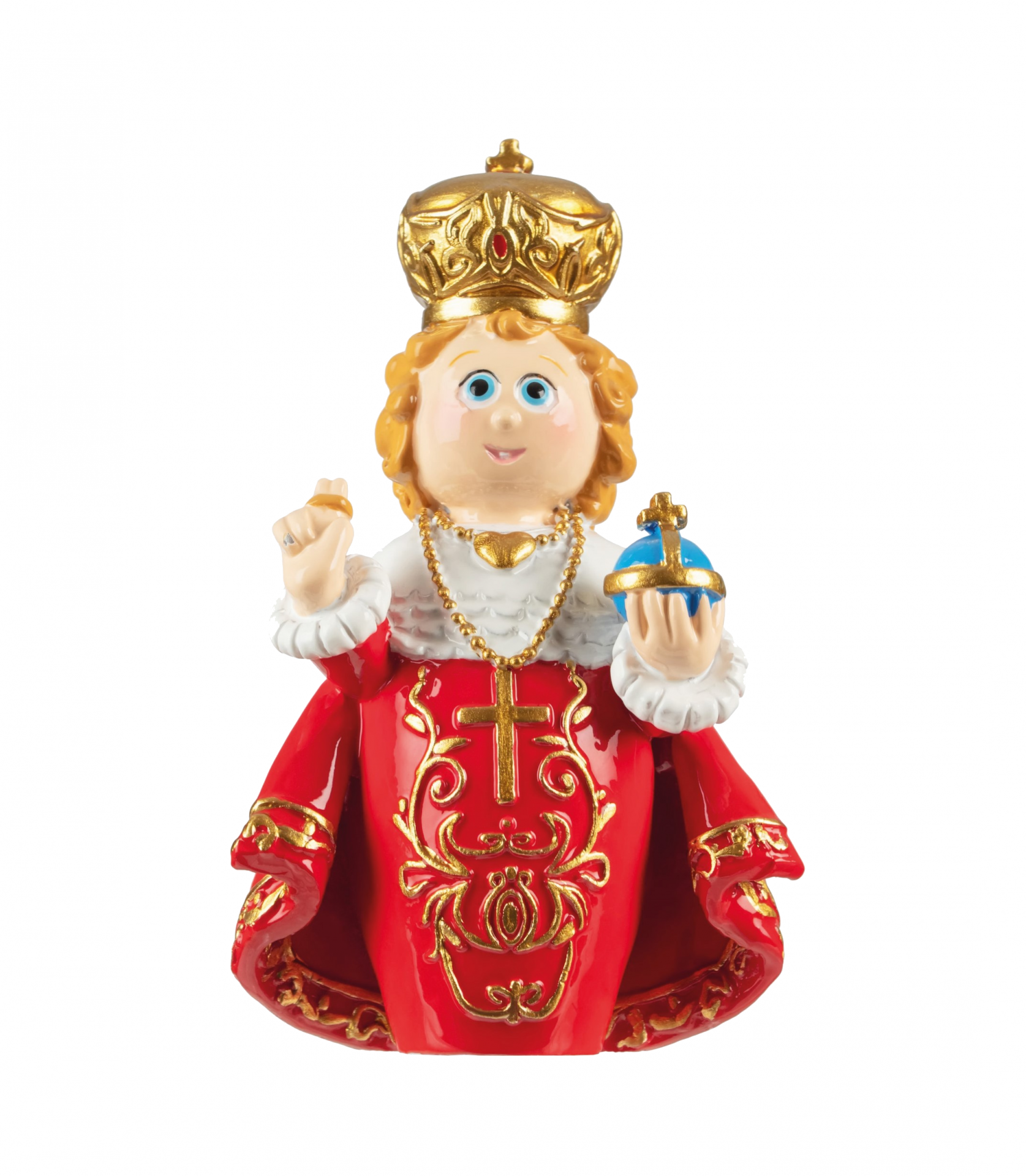 Estátua de menino com coroa dourada e roupa vermelha ornamentada