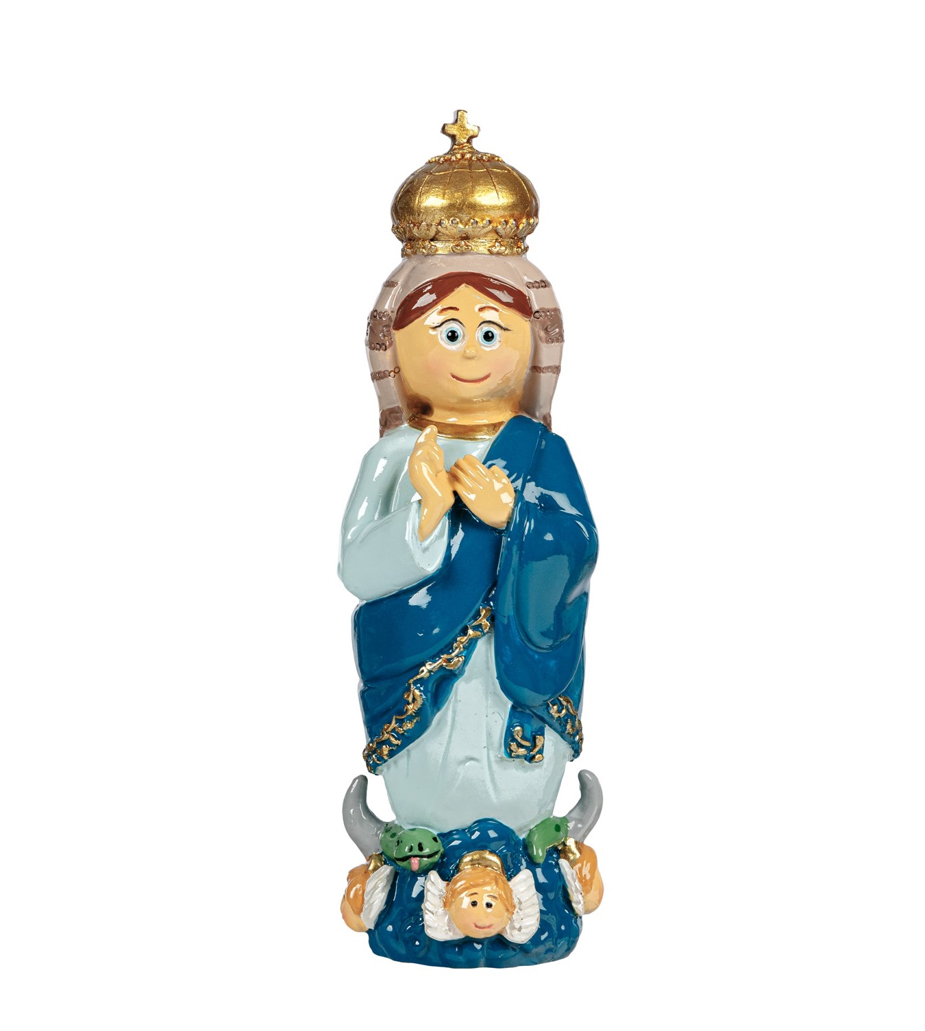 Figura de cerâmica colorida de personagem com coroa e anjo na base