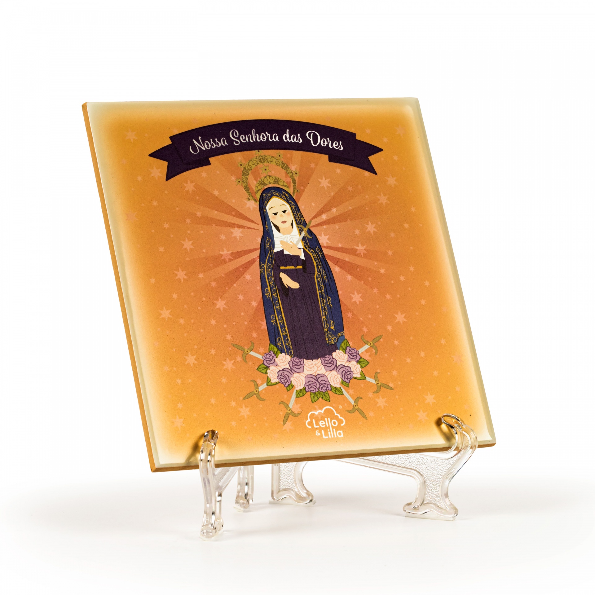 Azulejo decorativo com imagem de Nossa Senhora das Dores em suporte transparente