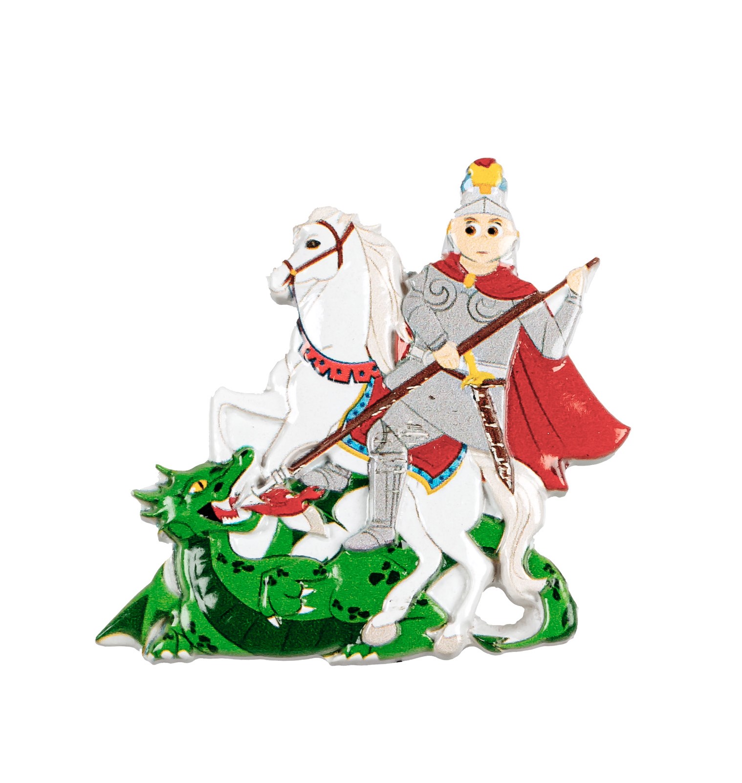 Broche de cavaleiro em armadura com cavalo branco e dragão verde