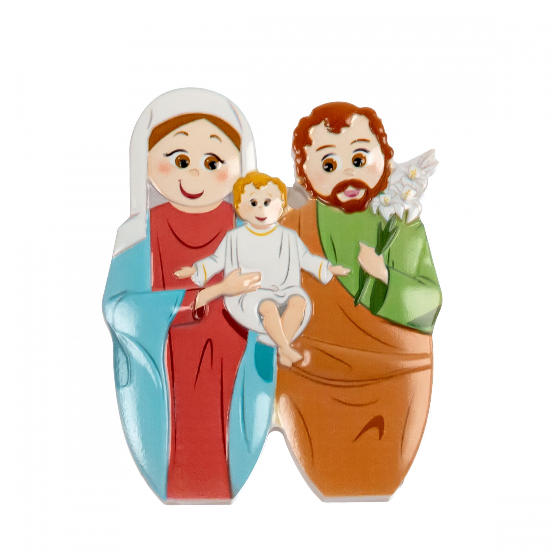Figura decorativa de Maria, menino Jesus e José em estilo cartoon colorido