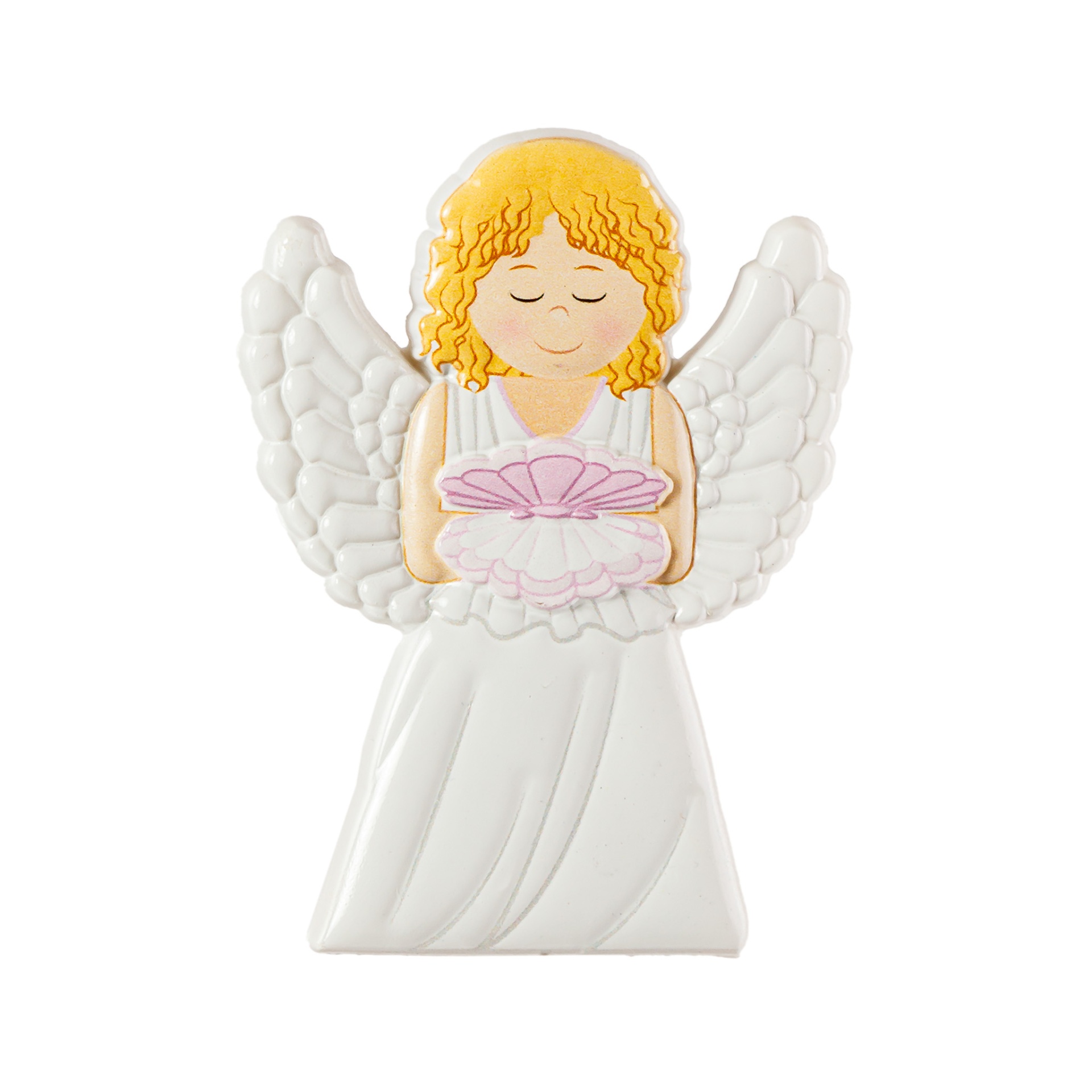 Escultura decorativa de anjo com asas e vestido branco