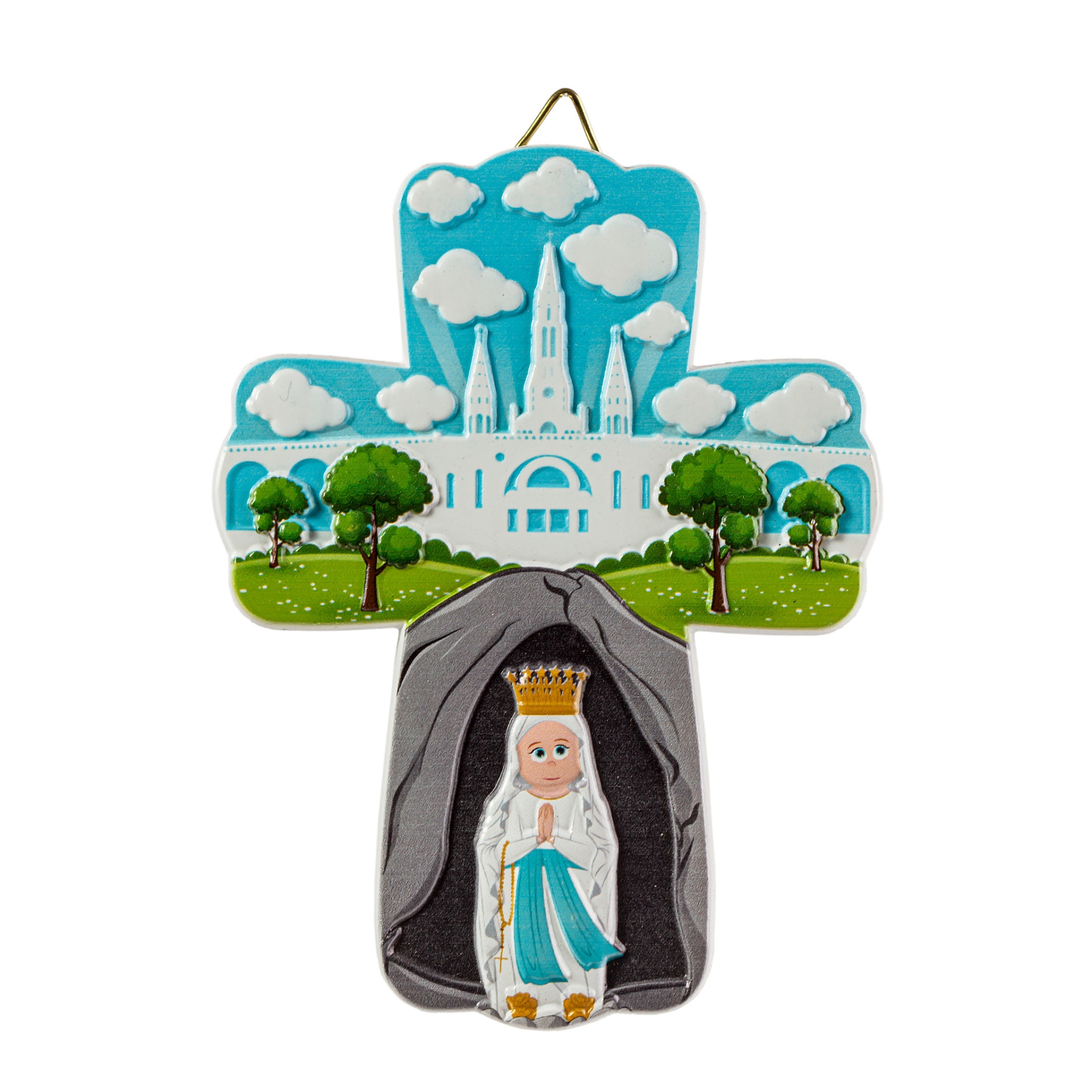 Cruz decorativa com figura de Nossa Senhora da Fátima em relevo