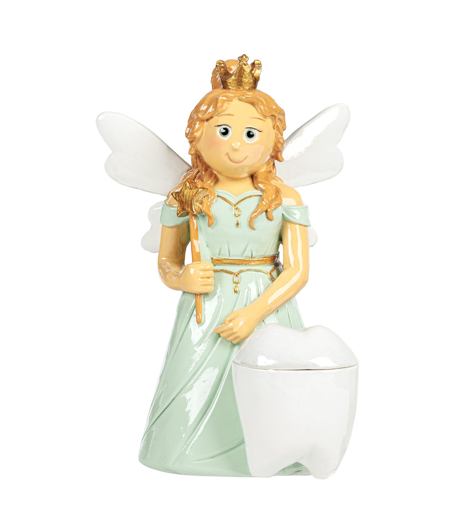 Figura de fada com vestido verde claro e um grande dente branco