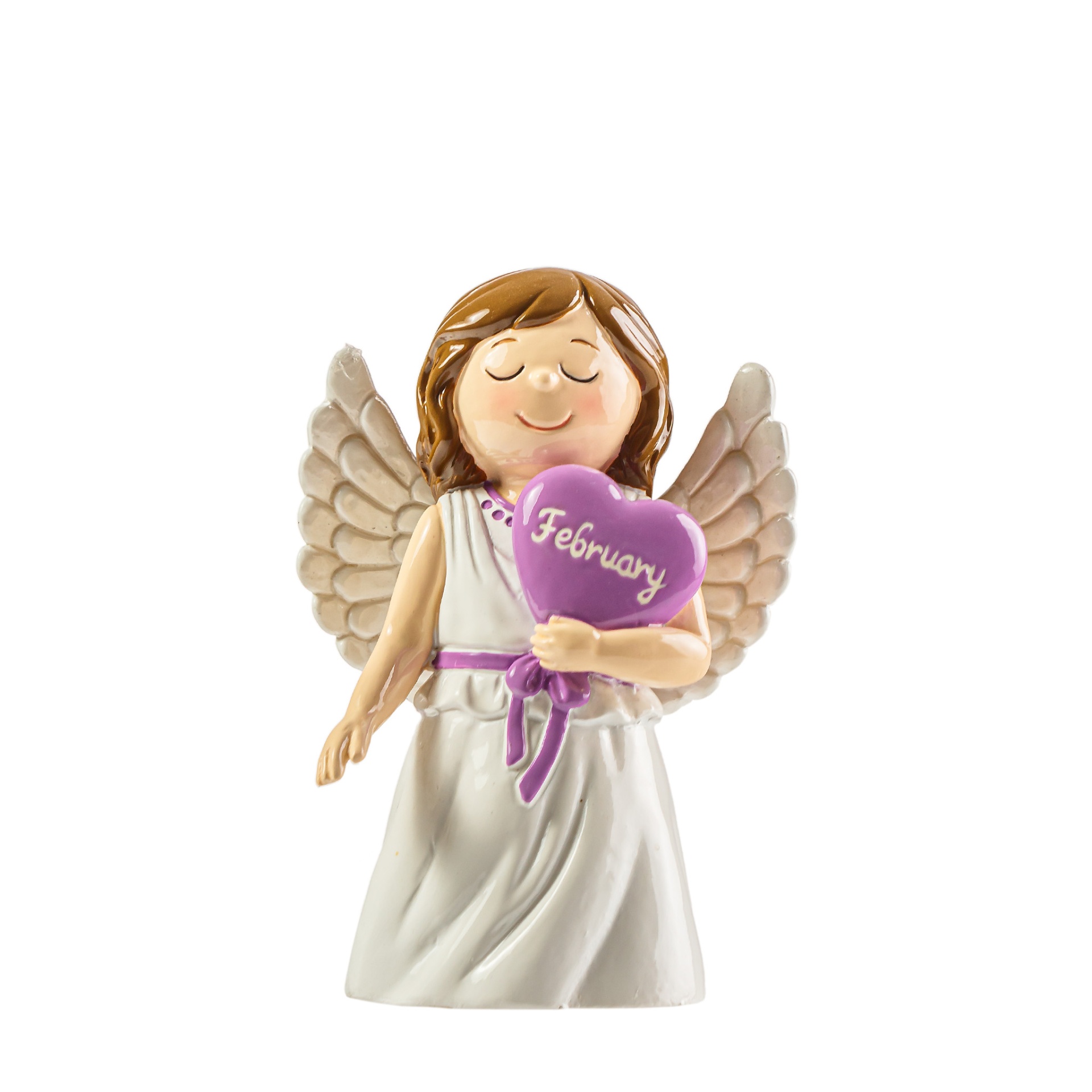Figura de anjo com vestido branco e balão roxo com texto 'February'
