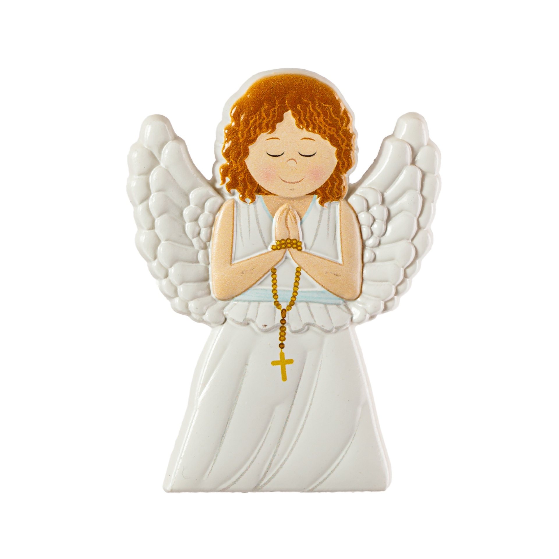 Figurinha decorativa de anjo com vestido branco e asas, segurando terço amarelo