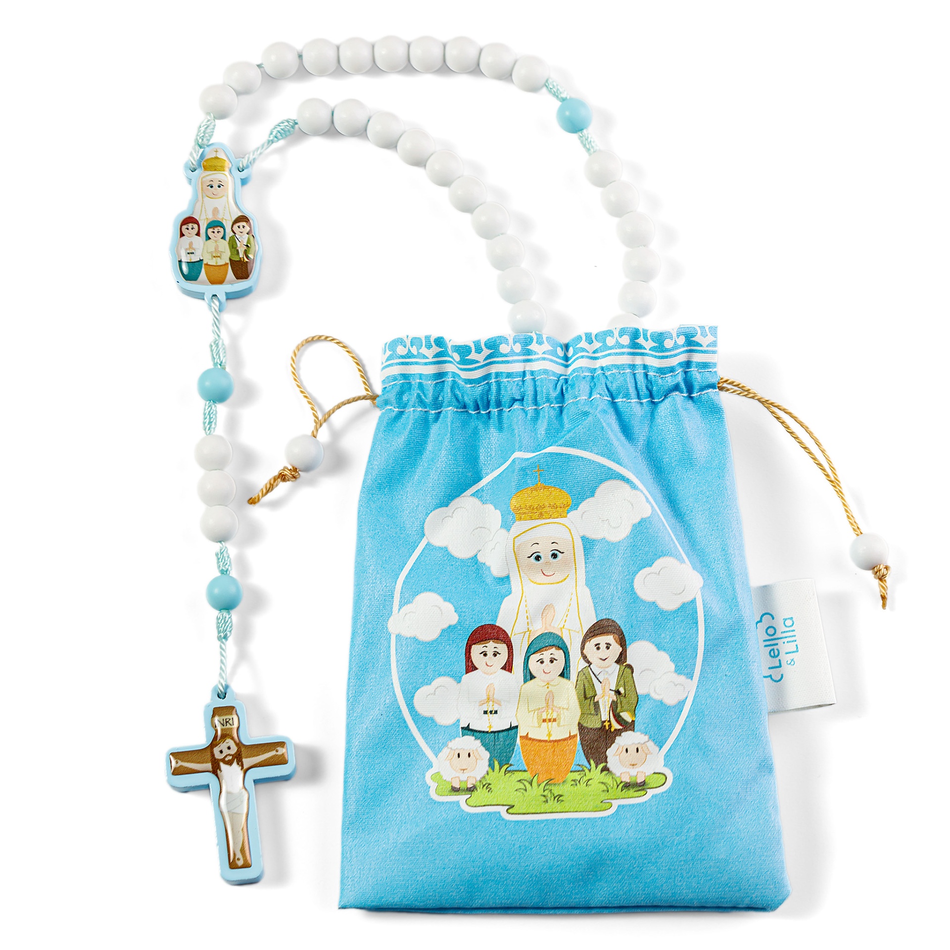 Rosário com cruz e bolsa azul decorada com figuras religiosas