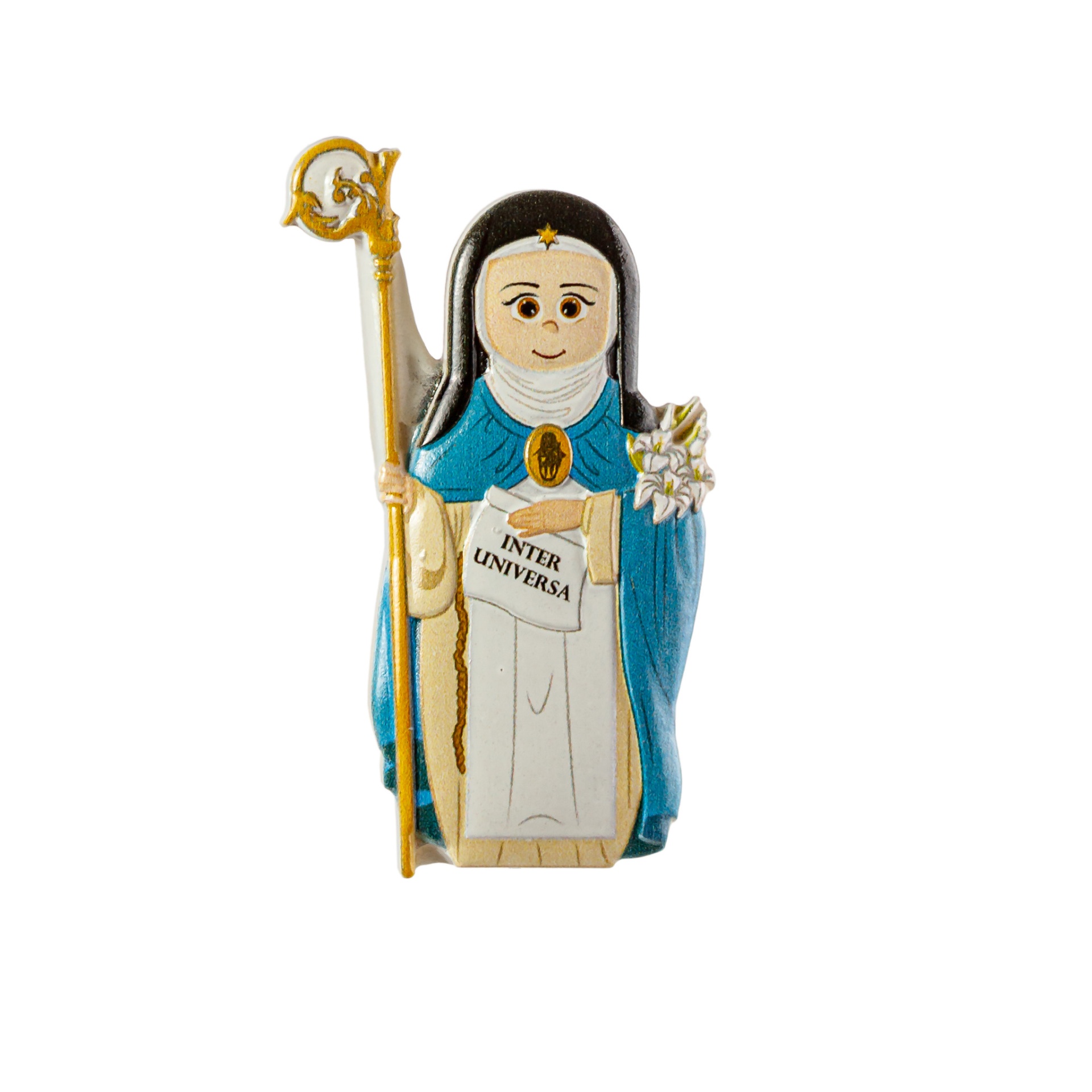 Figura Santa Rita cerâmica azul branca com pergaminho INTER UNIVERSA