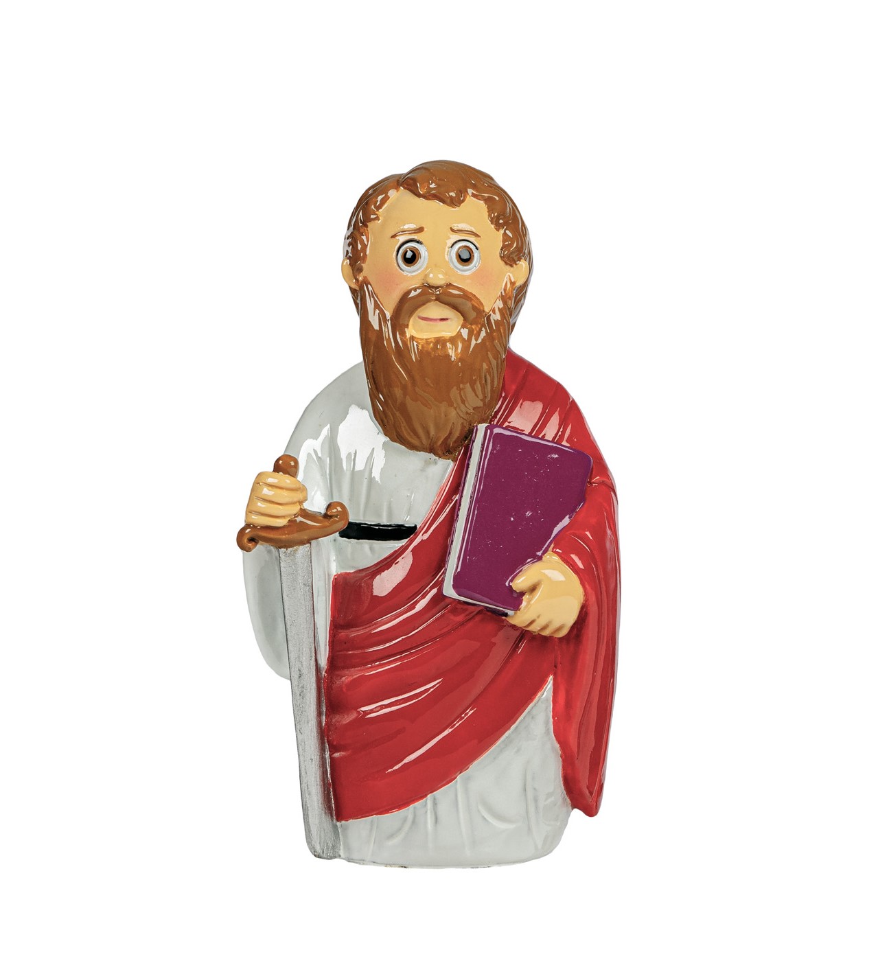 Estátua de figura masculina com túnica branca e manto vermelho, segurando um livro roxo.