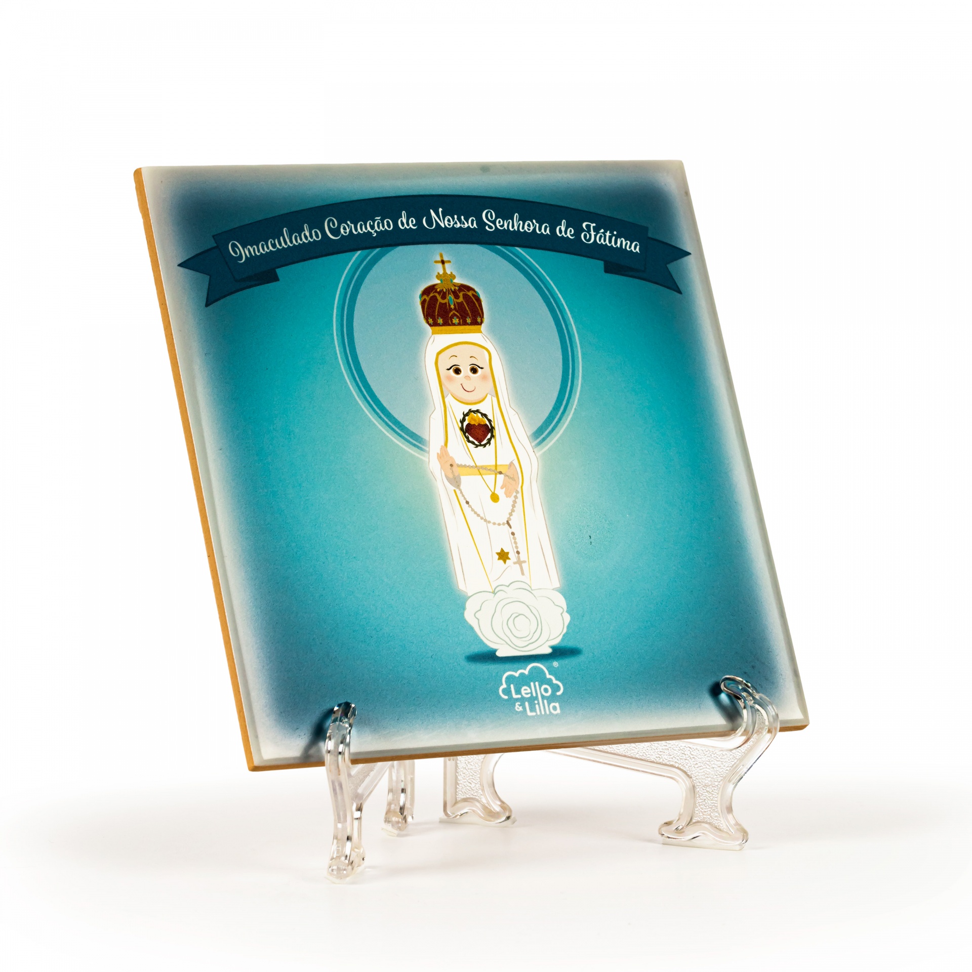 Azulejo azul com imagem de Nossa Senhora de Fátima e texto em português