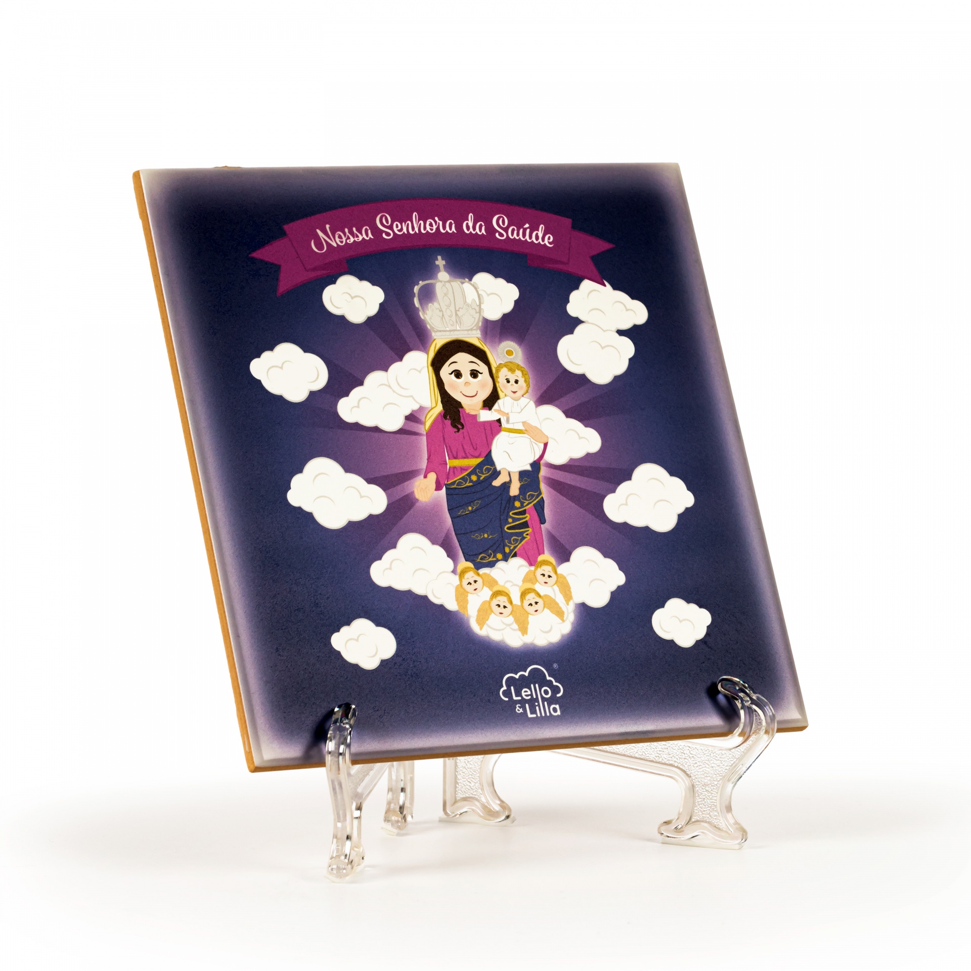 Azulejo decorativo com Nossa Senhora da Saúde e texto