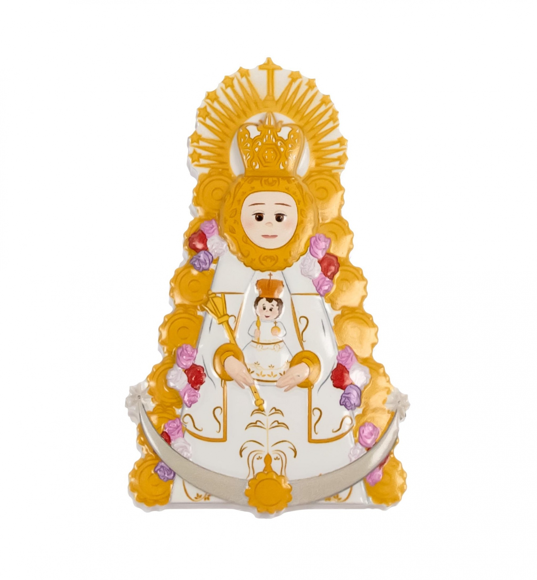 Figura religiosa decorativa Nossa Senhora com Menino Jesus em cerâmica colorida
